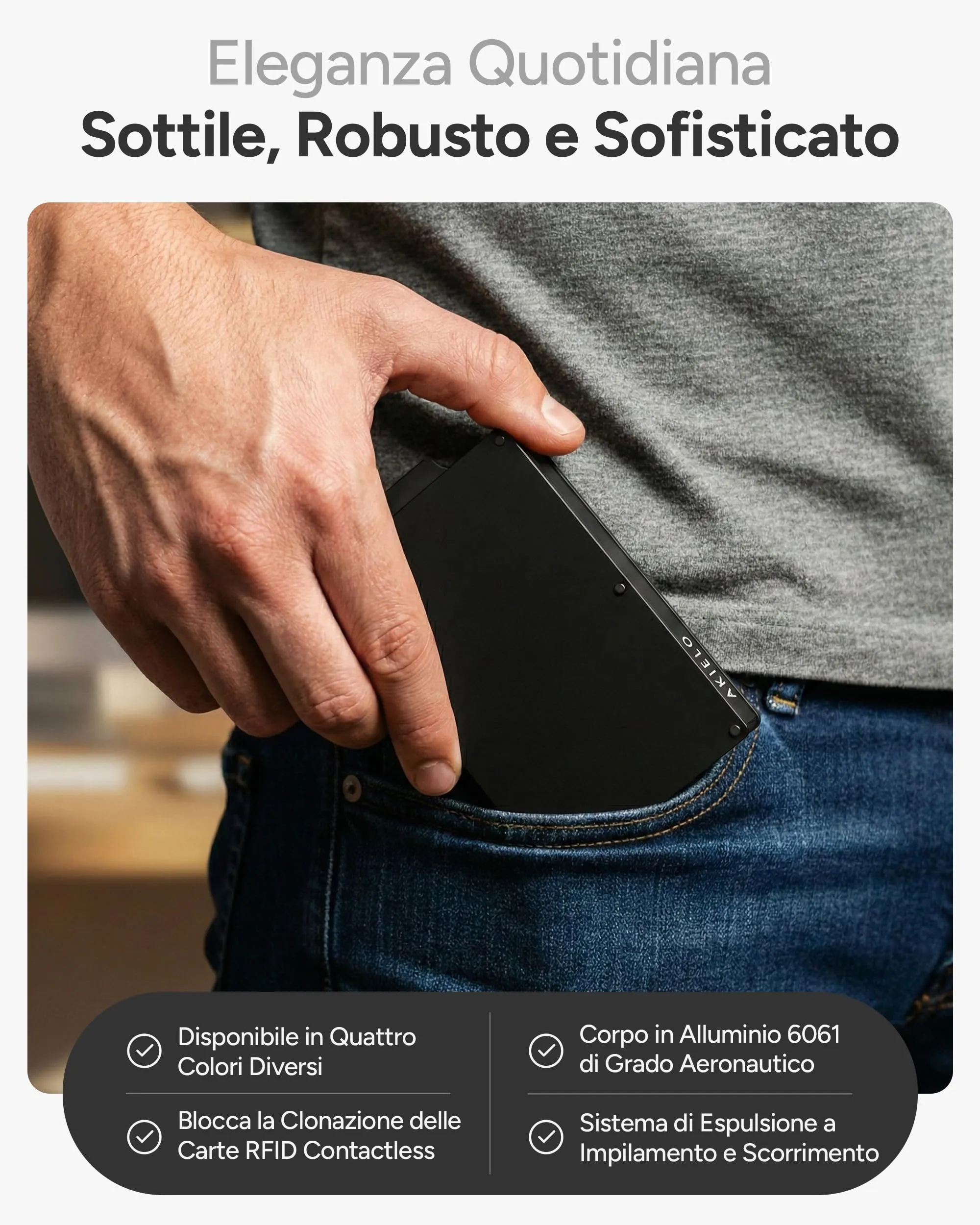 AKIELO Alpha Portafoglio Slim Porta Carte di Credito RFID con Fermasoldi - Edizione Nera - immagine 3