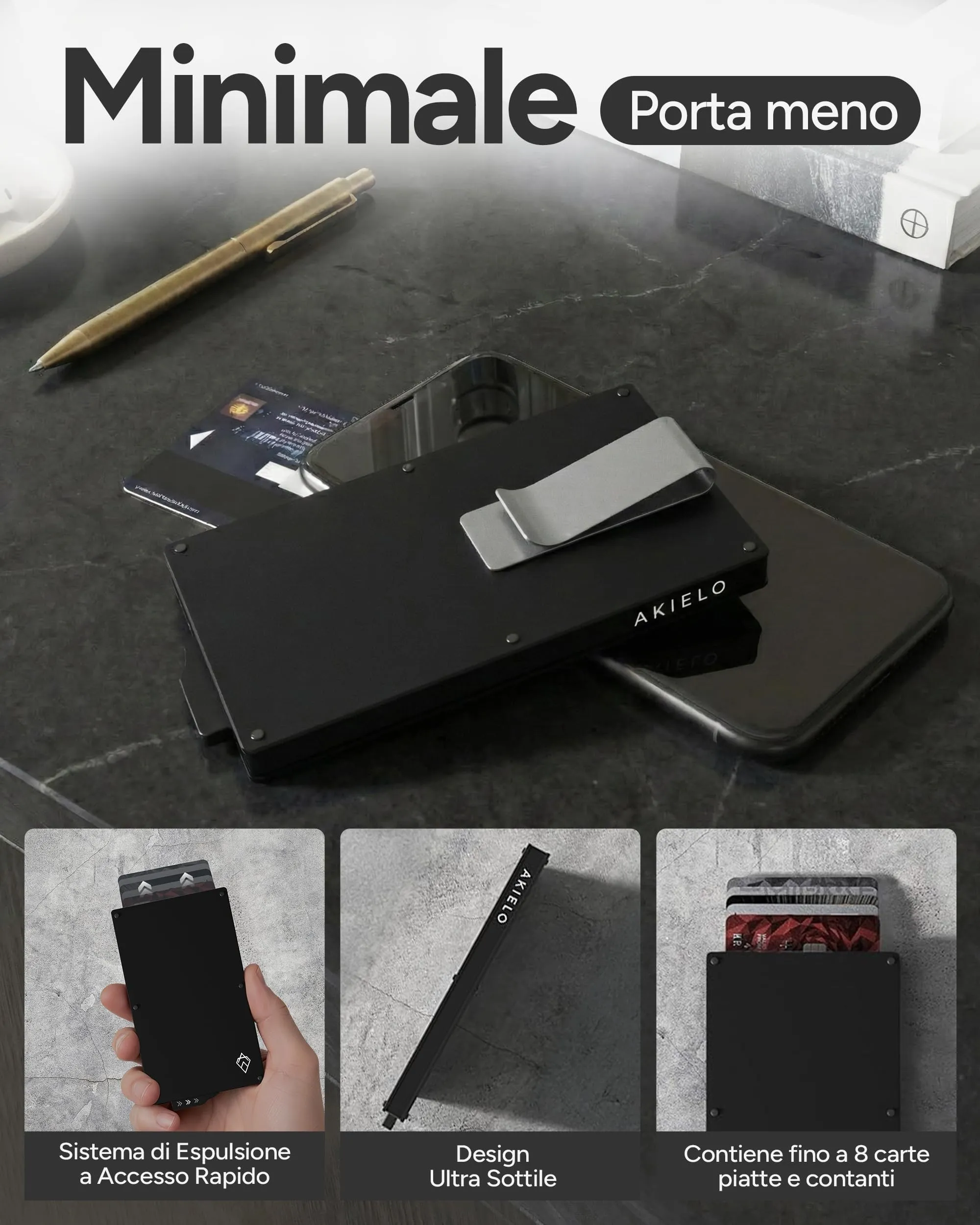 AKIELO Alpha Portafoglio Slim Porta Carte di Credito RFID con Fermasoldi - Edizione Nera - immagine 4