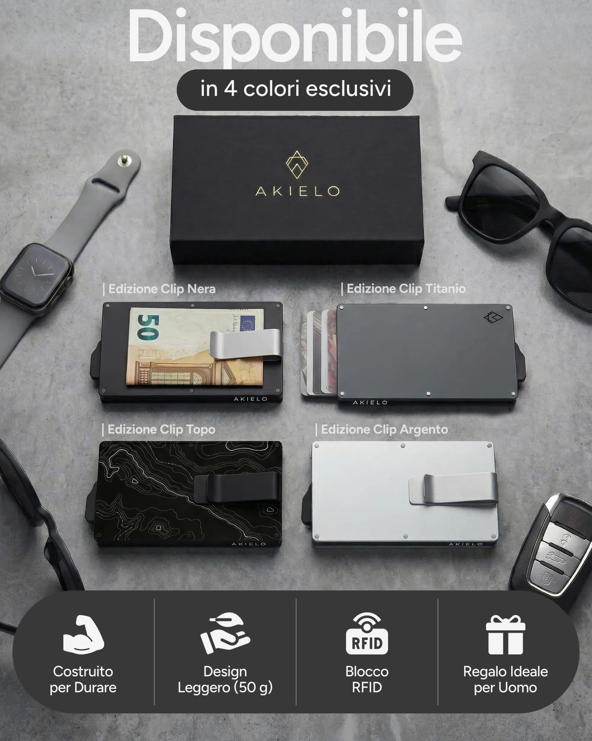 AKIELO Alpha Portafoglio Slim Porta Carte di Credito RFID con Fermasoldi - Edizione Nera - immagine 8