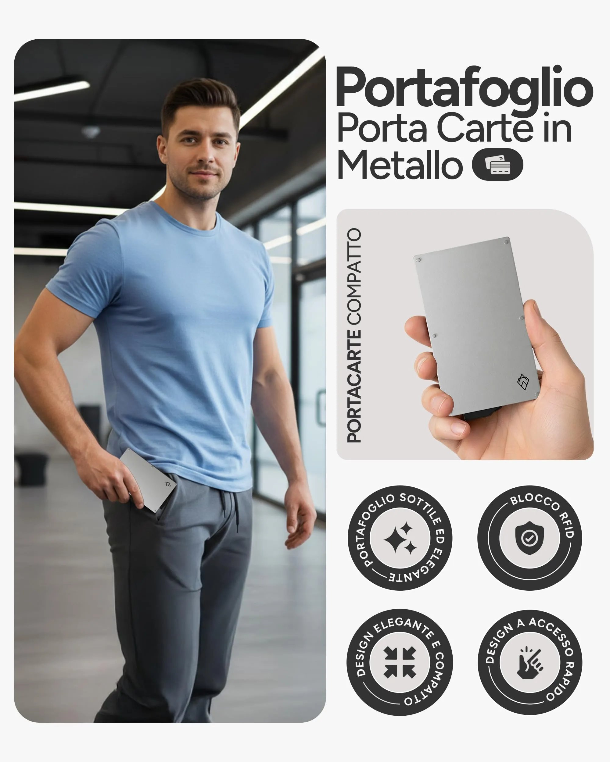 AKIELO Porta Carte di Credito RFID Alpha, Portafoglio Uomo Slim Minimalista (Edizione Argento) - immagine 2
