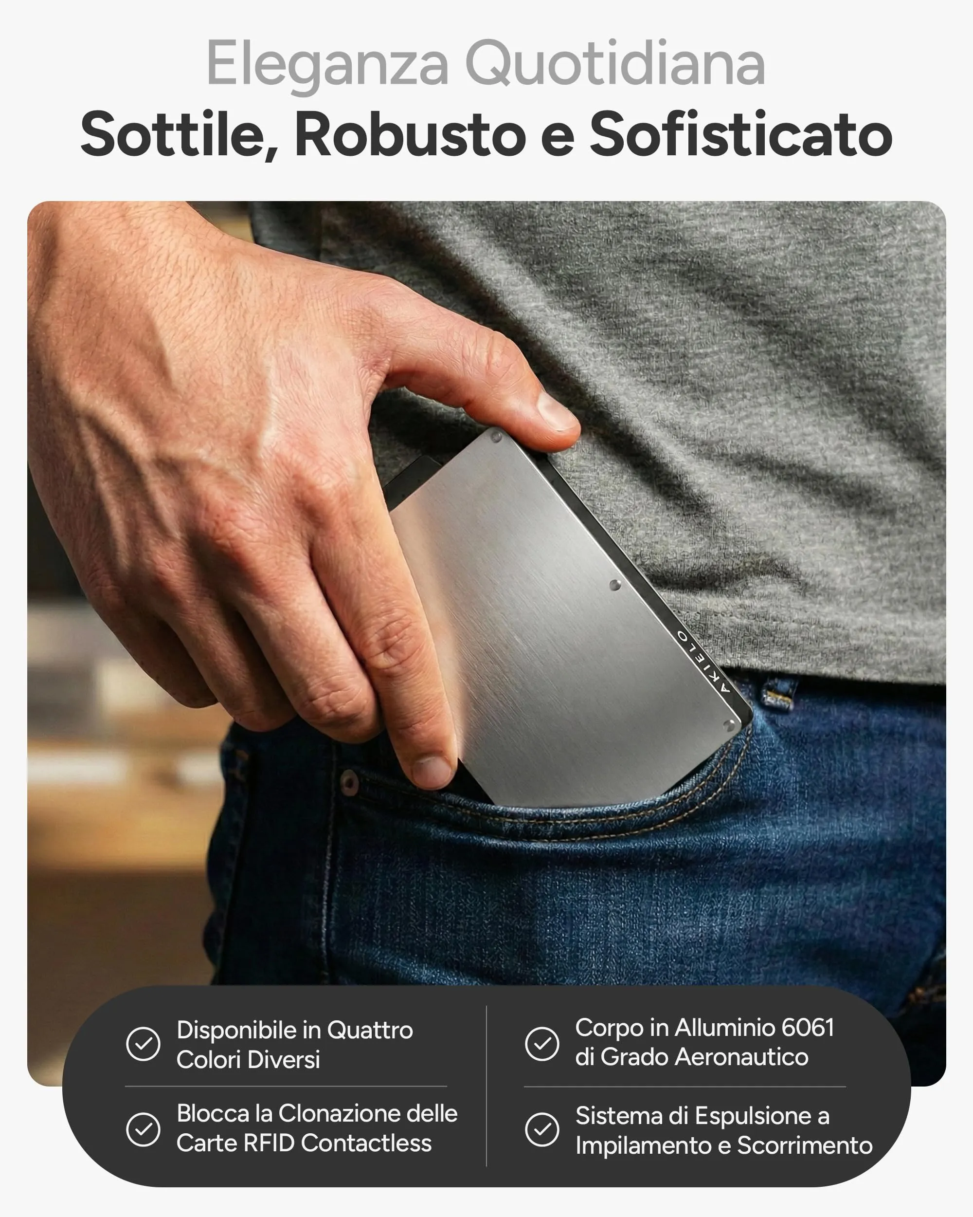 AKIELO Porta Carte di Credito RFID Alpha, Portafoglio Uomo Slim Minimalista (Edizione Argento) - immagine 3
