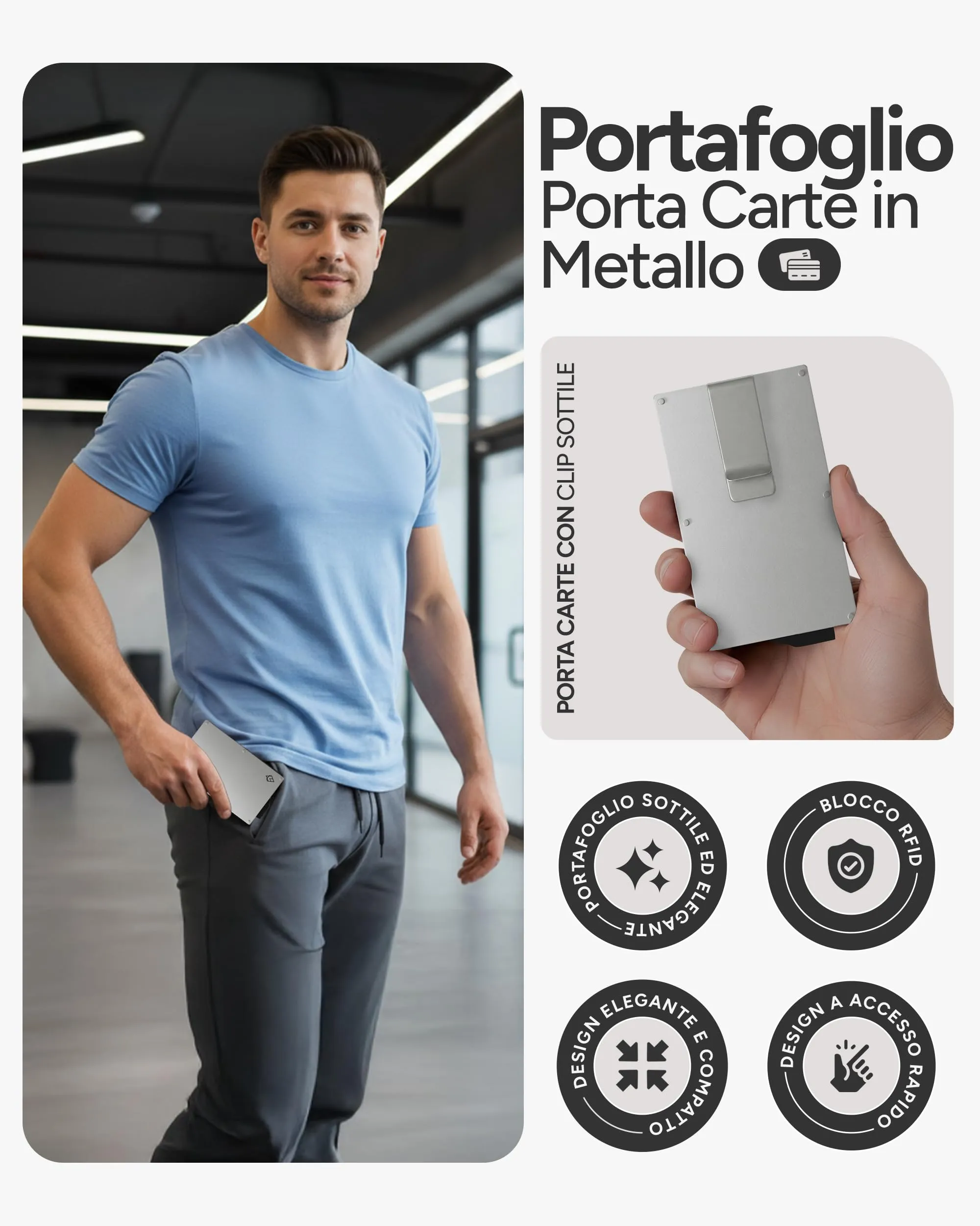 AKIELO Alpha Porta Carte di Credito RFID con Fermasoldi - Edizione Argento - immagine 2