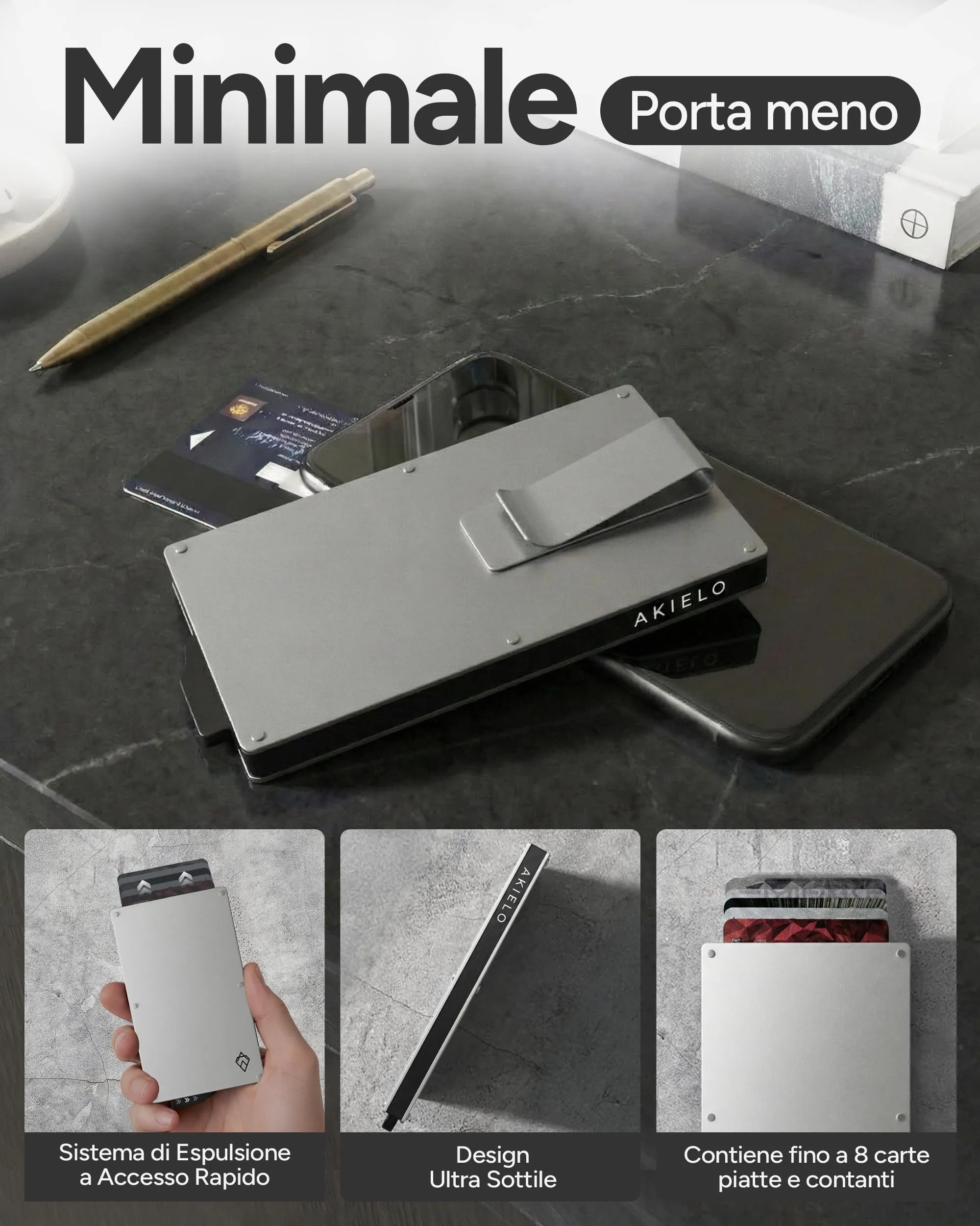 AKIELO Alpha Porta Carte di Credito RFID con Fermasoldi - Edizione Argento - immagine 4
