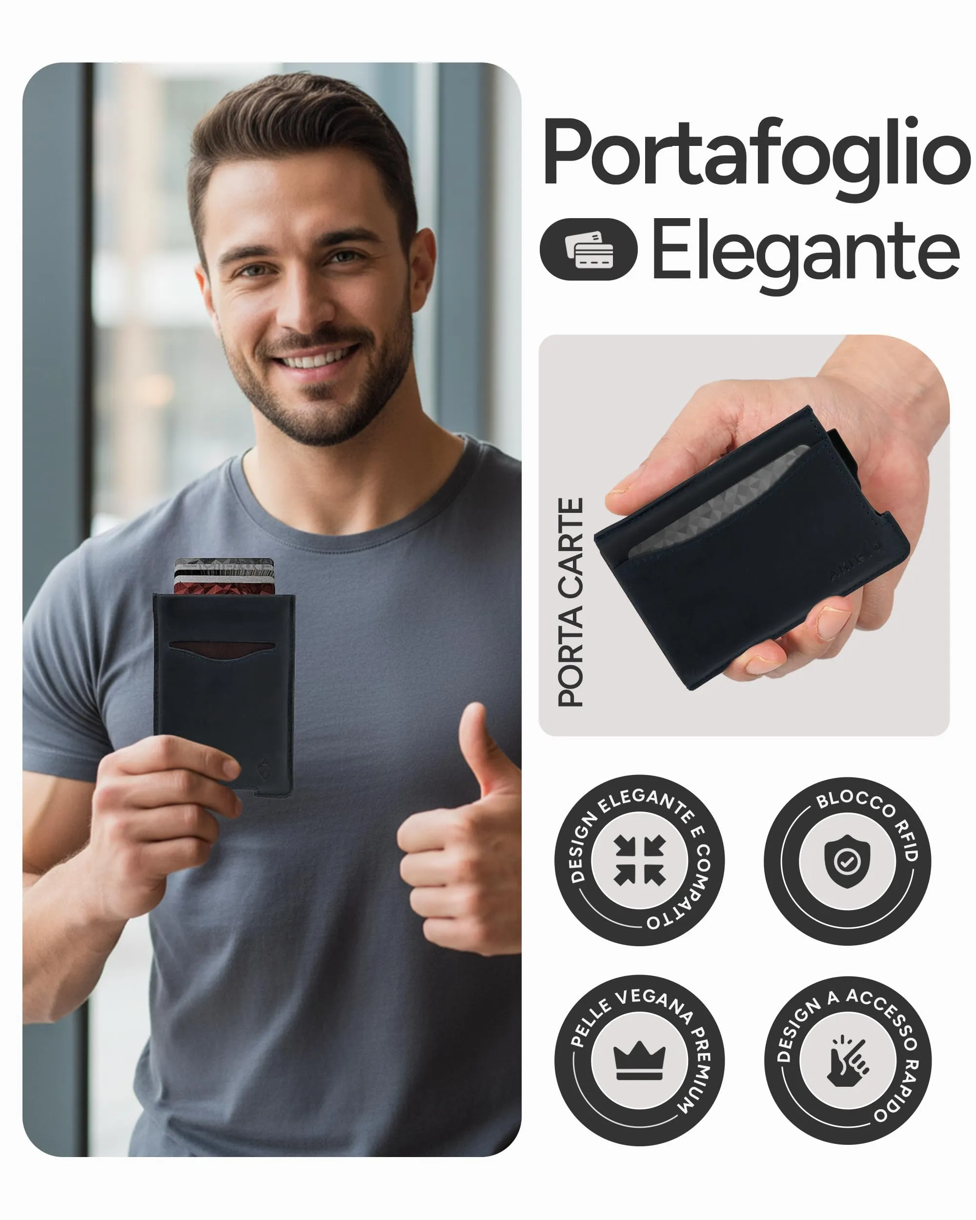 AKIELO ALPHA Porta Carte di Credito in Pelle con Blocco RFID, Edizione Blu Navy - immagine 2