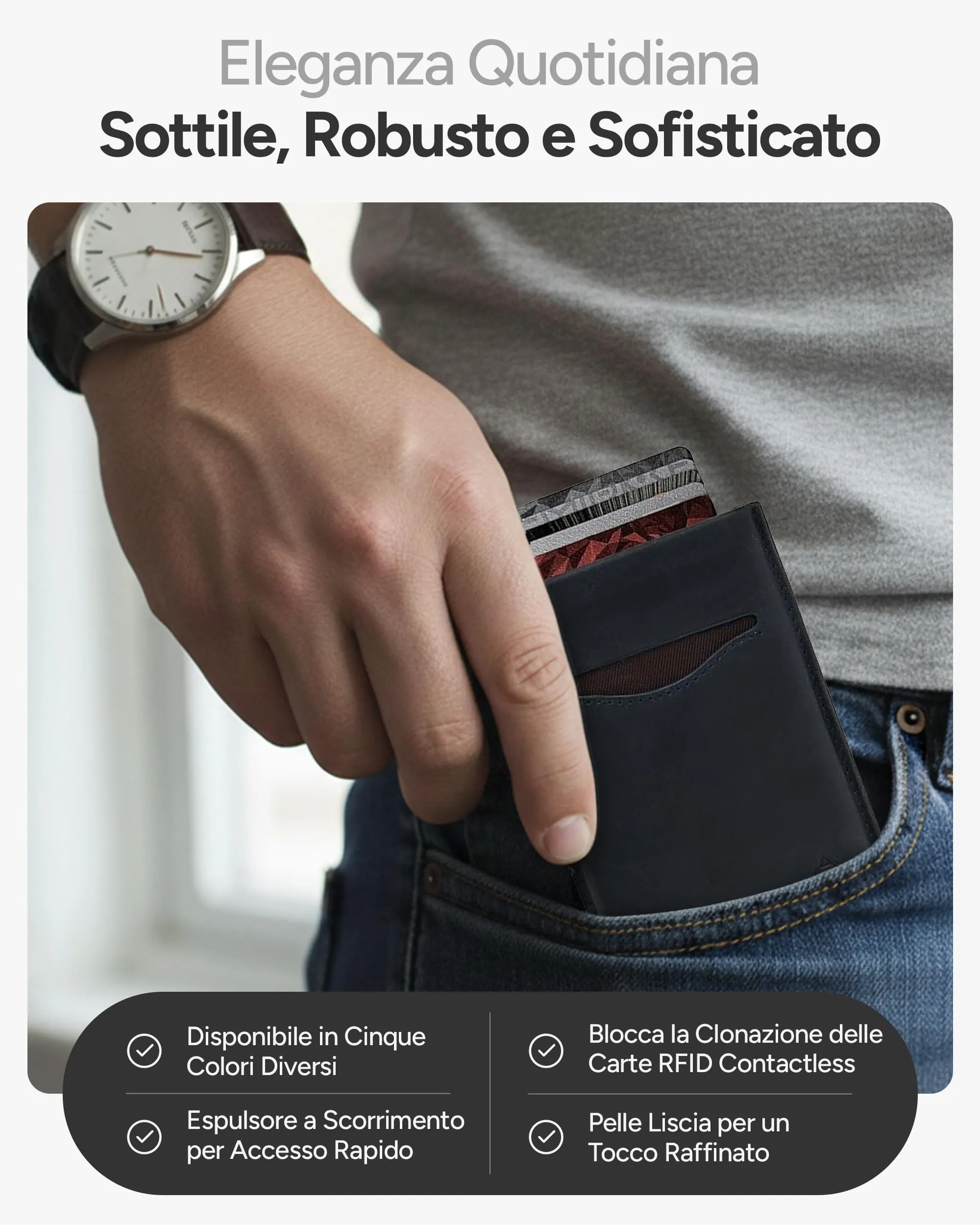 AKIELO ALPHA Porta Carte di Credito in Pelle con Blocco RFID, Edizione Blu Navy - immagine 3
