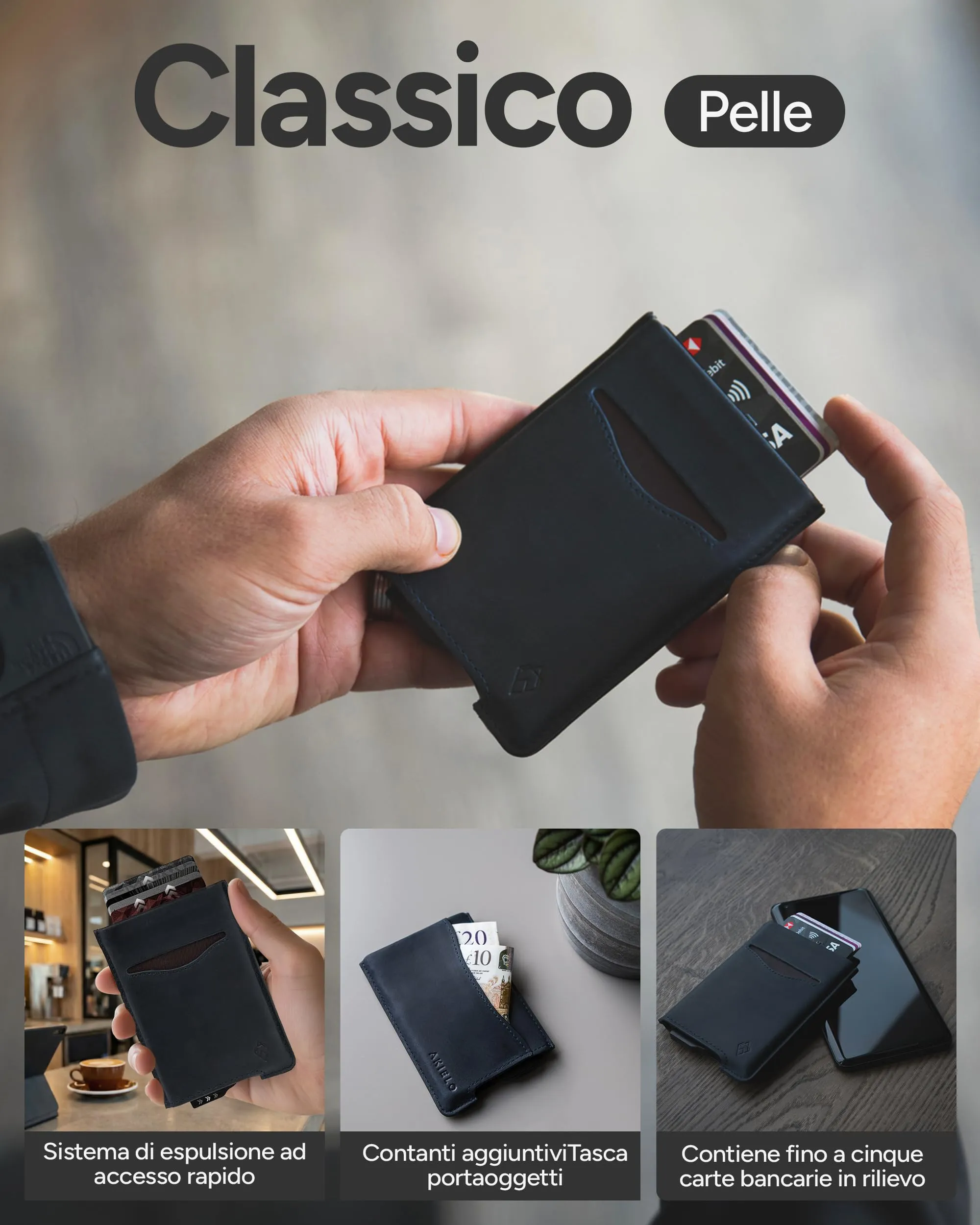 AKIELO ALPHA Porta Carte di Credito in Pelle con Blocco RFID, Edizione Blu Navy - immagine 5