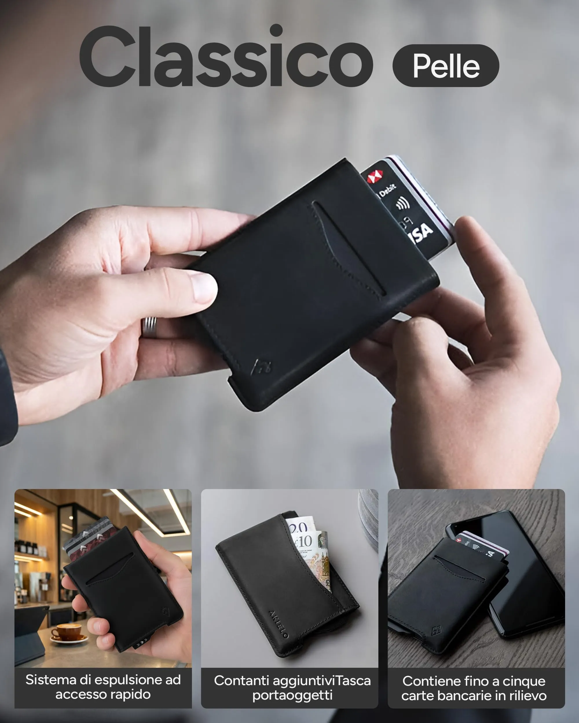 AKIELO Alpha Porta Carte di Credito con Blocco RFID in Pelle (Edizione Nera) - immagine 5