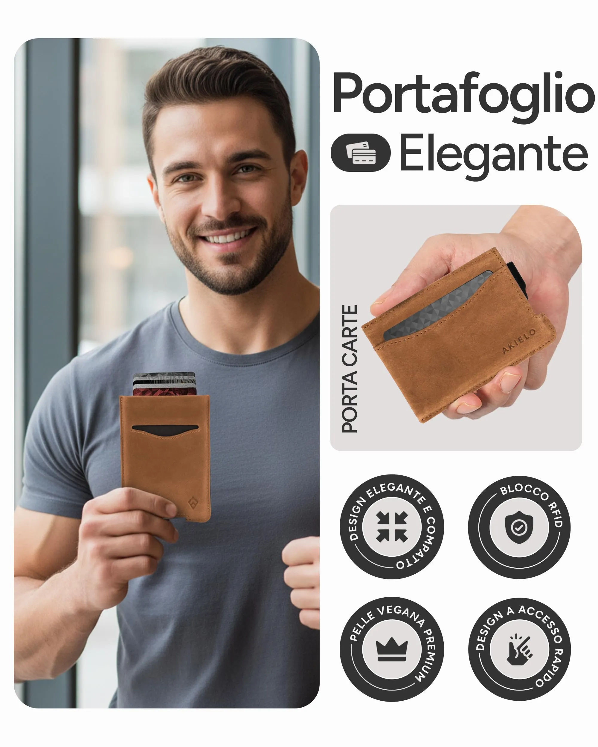 AKIELO ALPHA Porta Carte di Credito in Pelle con Blocco RFID, Edizione Marrone Chiaro - immagine 2