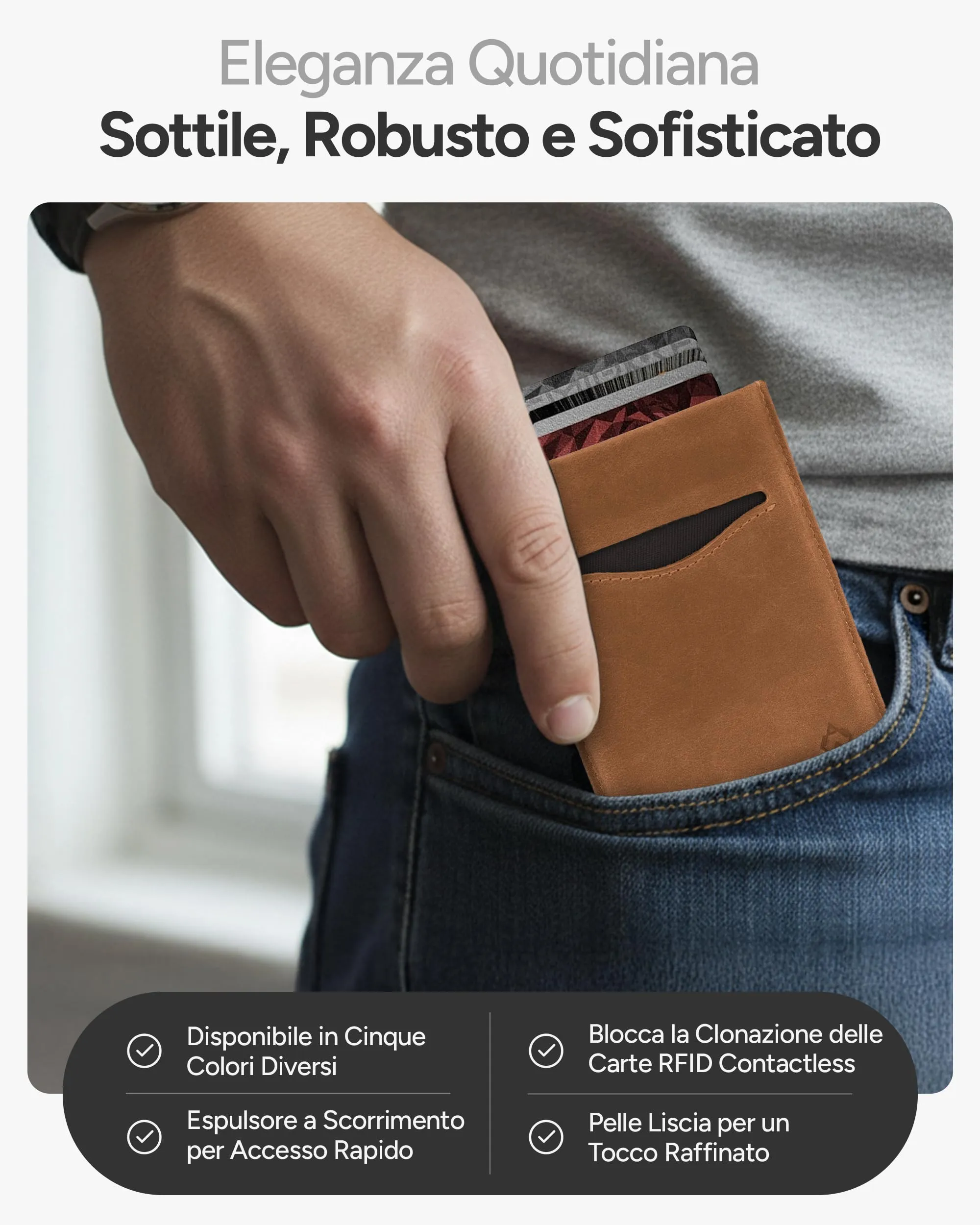 AKIELO ALPHA Porta Carte di Credito in Pelle con Blocco RFID, Edizione Marrone Chiaro - immagine 3