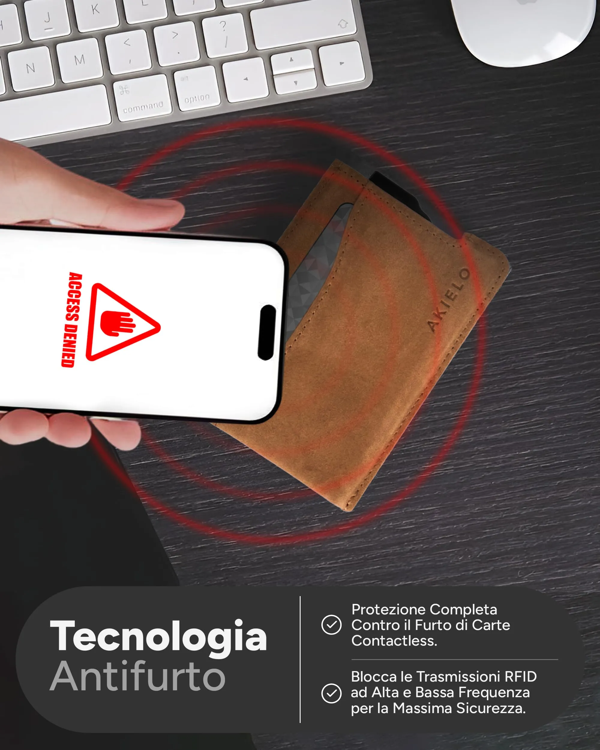 AKIELO ALPHA Porta Carte di Credito in Pelle con Blocco RFID, Edizione Marrone Chiaro - immagine 4