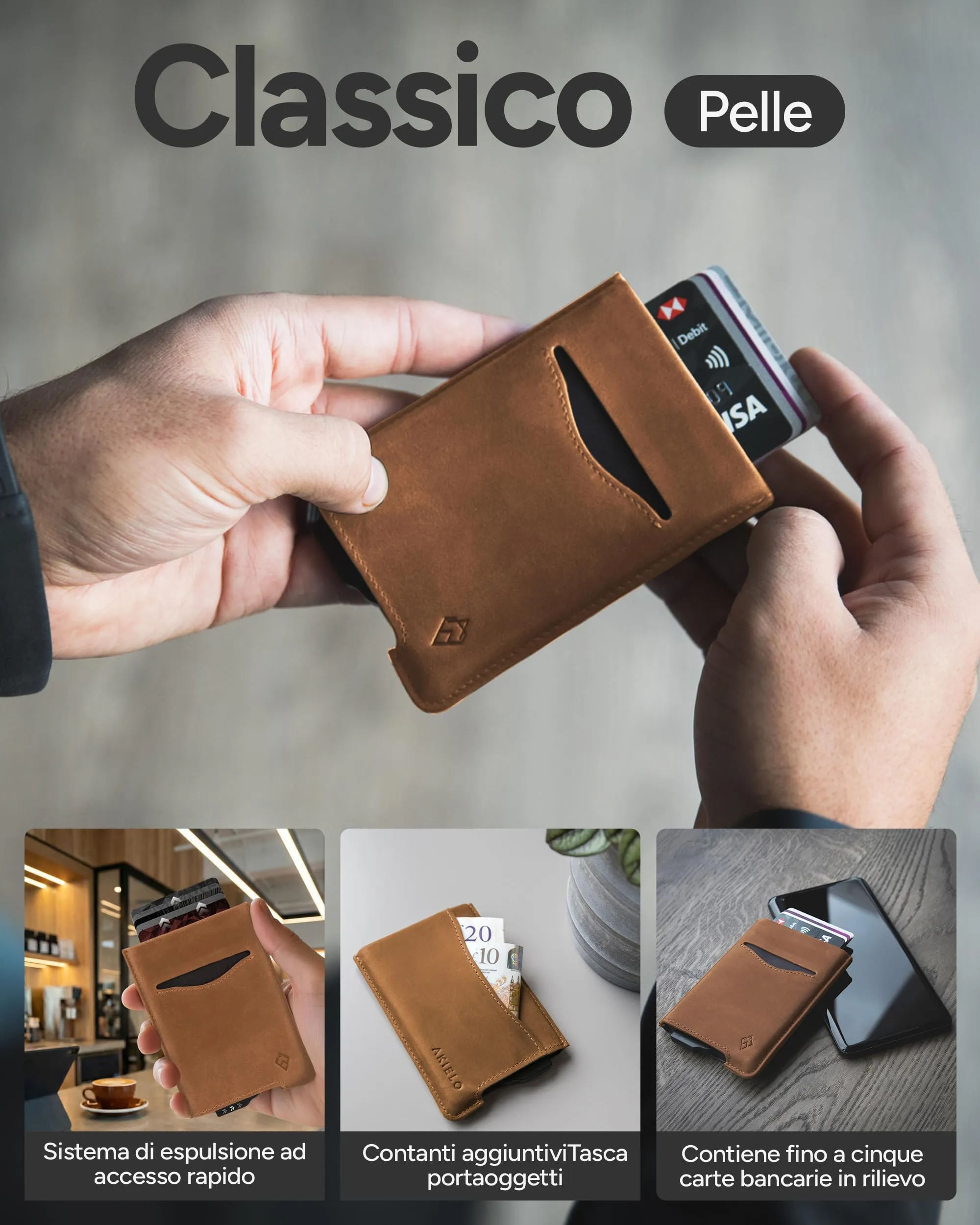 AKIELO ALPHA Porta Carte di Credito in Pelle con Blocco RFID, Edizione Marrone Chiaro - immagine 5