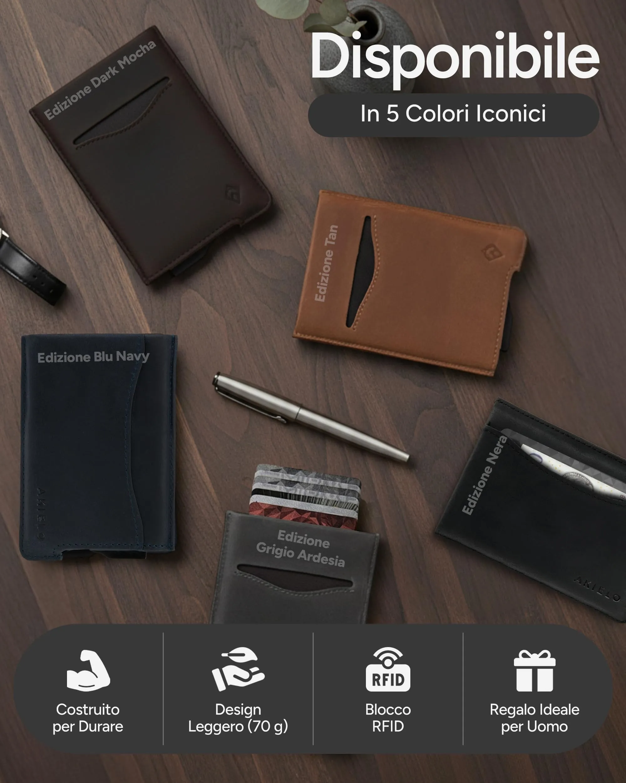 AKIELO ALPHA Porta Carte di Credito in Pelle con Blocco RFID, Edizione Marrone Chiaro - immagine 8