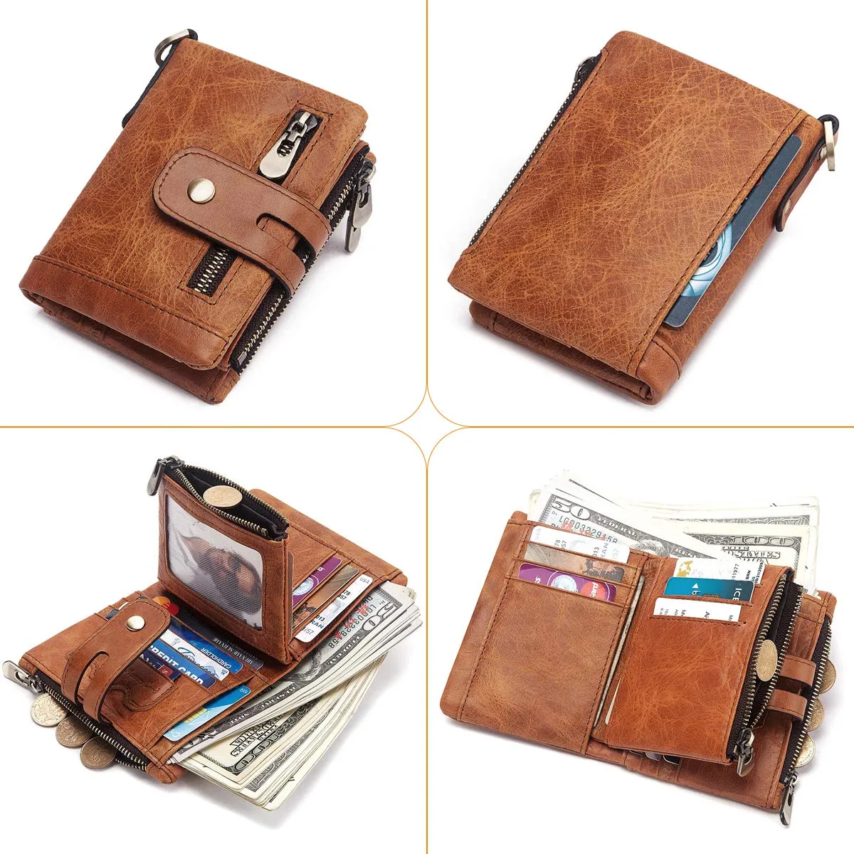 REETEE Portafoglio Uomo Bifold in Vera Pelle con Blocco RFID, Catena, Cerniera Portamonete e 16 Porta Carte di Credito Verticale - immagine 2