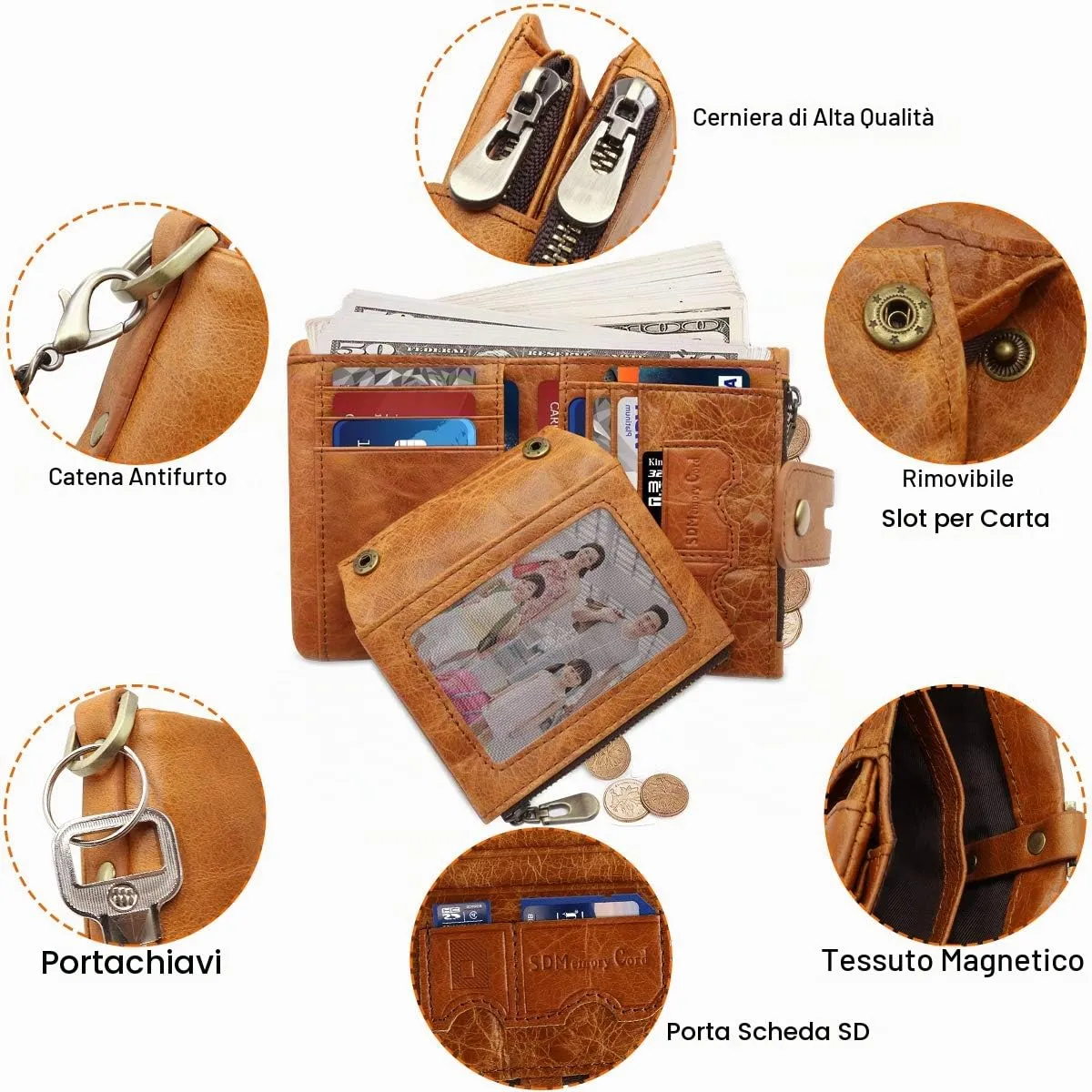 REETEE Portafoglio Uomo Bifold in Vera Pelle con Blocco RFID, Catena, Cerniera Portamonete e 16 Porta Carte di Credito Verticale - immagine 4