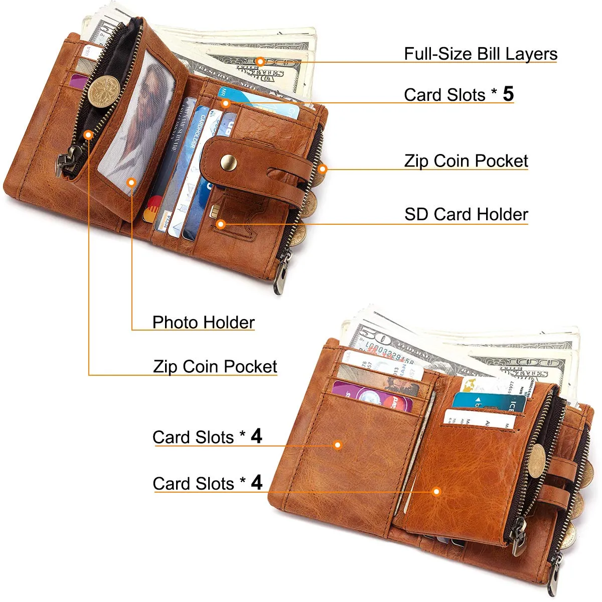 REETEE Portafoglio Uomo Bifold in Vera Pelle con Blocco RFID, Catena, Cerniera Portamonete e 16 Porta Carte di Credito Verticale - immagine 5