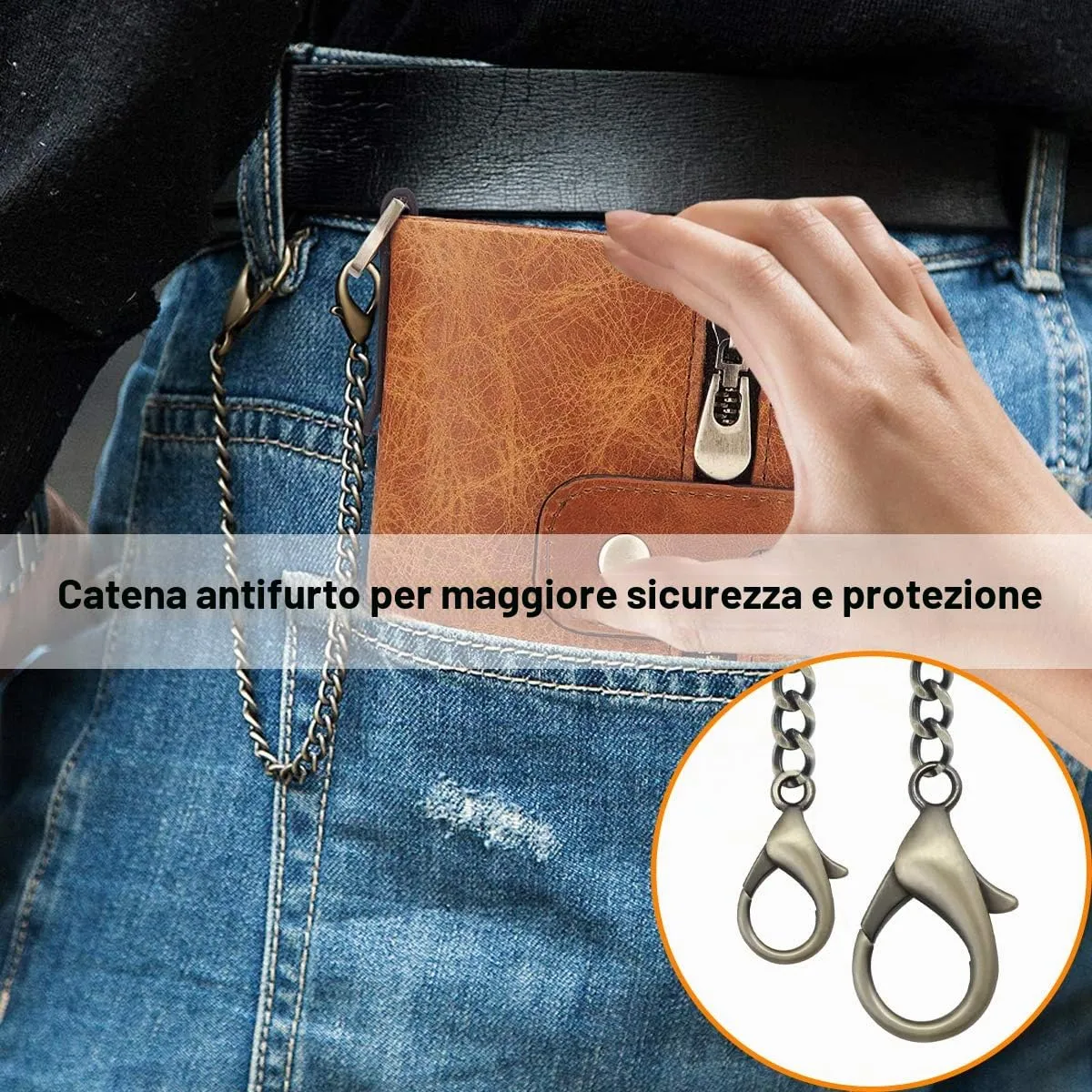 REETEE Portafoglio Uomo Bifold in Vera Pelle con Blocco RFID, Catena, Cerniera Portamonete e 16 Porta Carte di Credito Verticale - immagine 6
