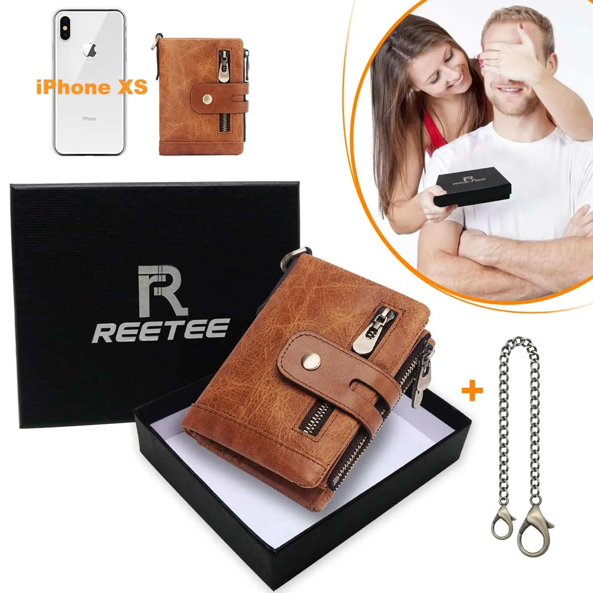 REETEE Portafoglio Uomo Bifold in Vera Pelle con Blocco RFID, Catena, Cerniera Portamonete e 16 Porta Carte di Credito Verticale - immagine 7