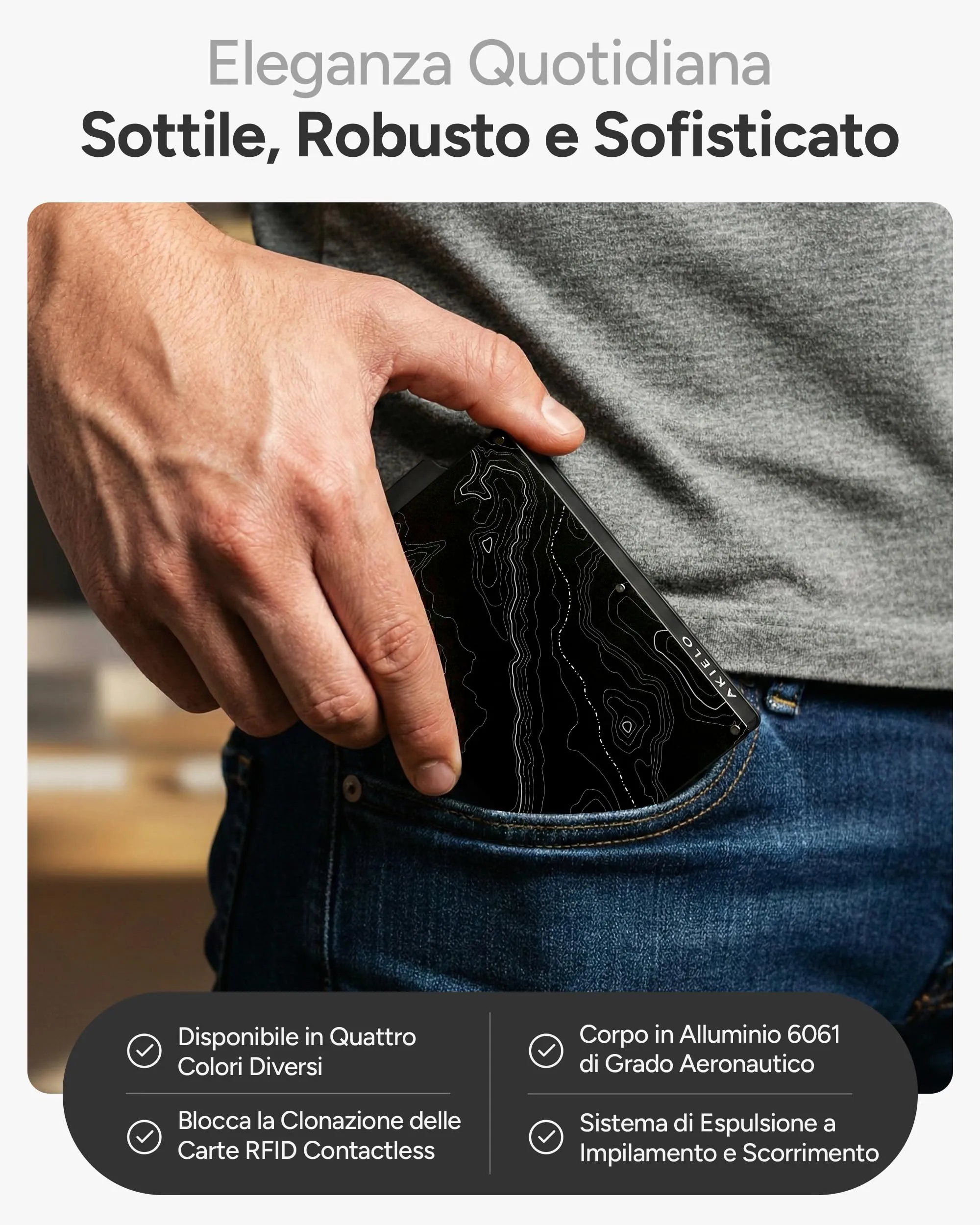AKIELO Alpha Portafoglio Slim Porta Carte di Credito con Blocco RFID e Fermasoldi - Edizione Topografica - immagine 3