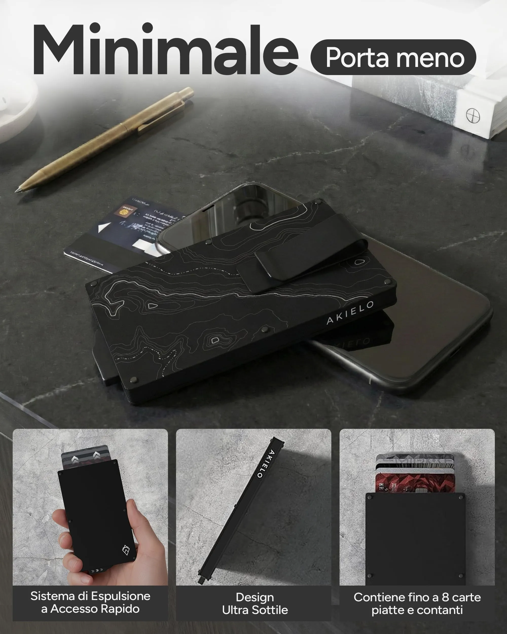 AKIELO Alpha Portafoglio Slim Porta Carte di Credito con Blocco RFID e Fermasoldi - Edizione Topografica - immagine 4