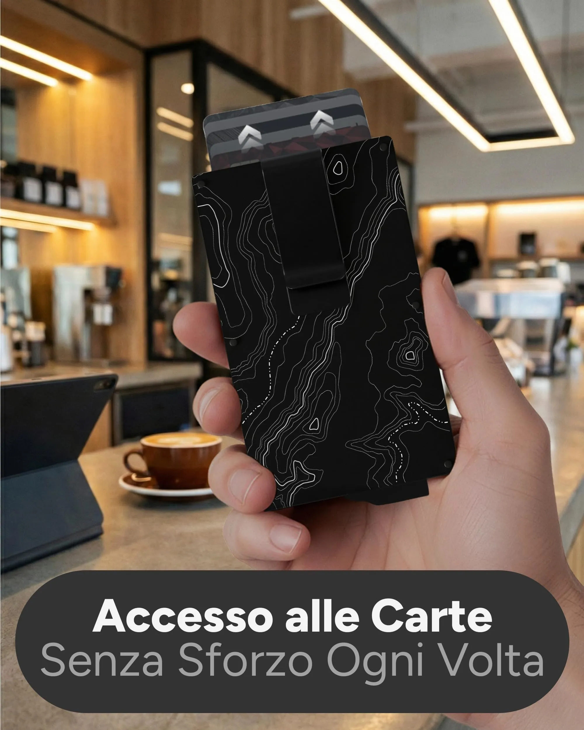 AKIELO Alpha Portafoglio Slim Porta Carte di Credito con Blocco RFID e Fermasoldi - Edizione Topografica - immagine 6