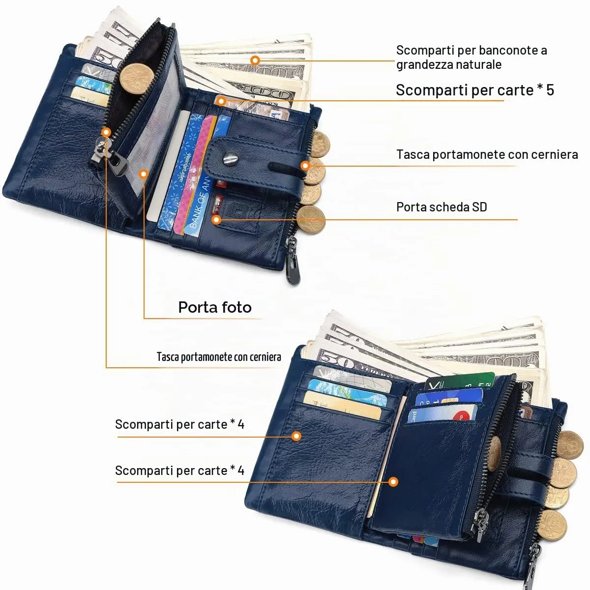 REETEE Portafoglio Uomo Bifold in Vera Pelle con Blocco RFID, Catena, Cerniera Portamonete e 16 Porta Carte di Credito Verticale - immagine 3