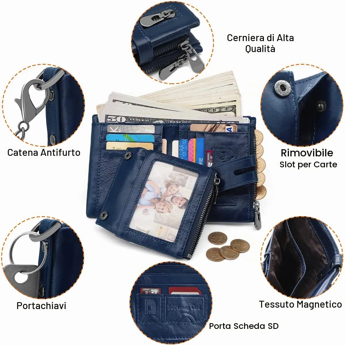REETEE Portafoglio Uomo Bifold in Vera Pelle con Blocco RFID, Catena, Cerniera Portamonete e 16 Porta Carte di Credito Verticale - immagine 4