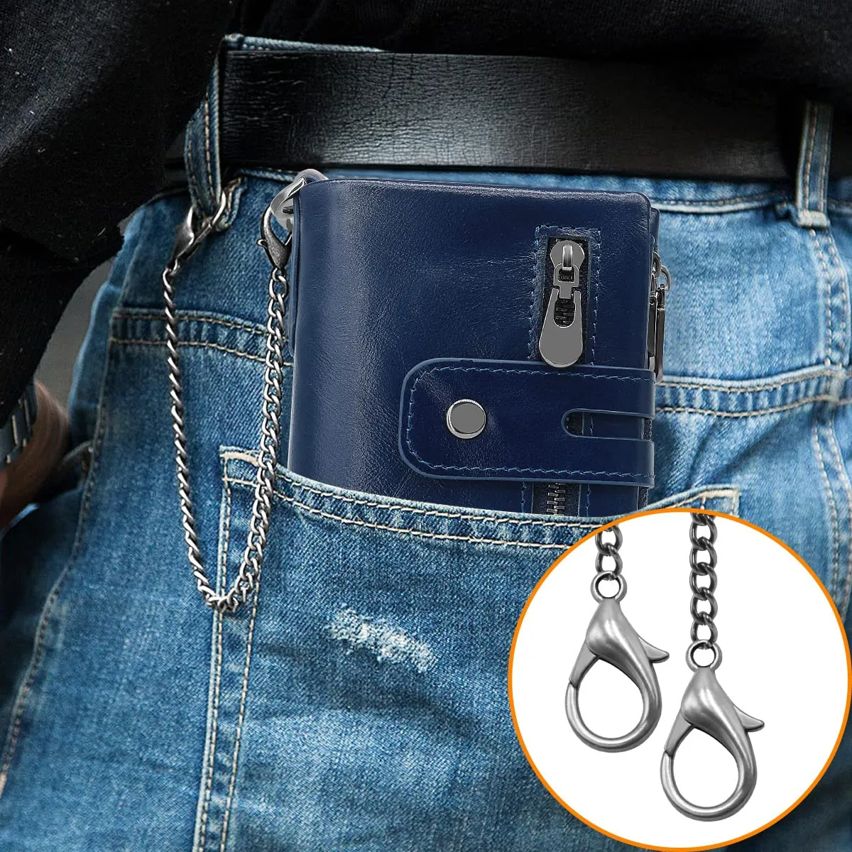 REETEE Portafoglio Uomo Bifold in Vera Pelle con Blocco RFID, Catena, Cerniera Portamonete e 16 Porta Carte di Credito Verticale - immagine 6