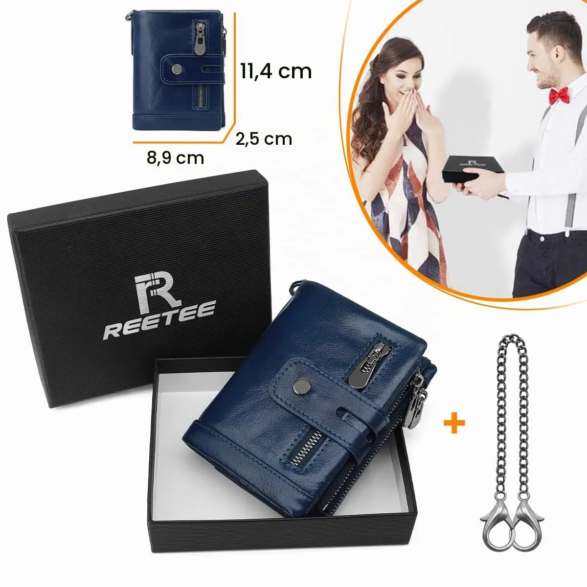 REETEE Portafoglio Uomo Bifold in Vera Pelle con Blocco RFID, Catena, Cerniera Portamonete e 16 Porta Carte di Credito Verticale - immagine 7