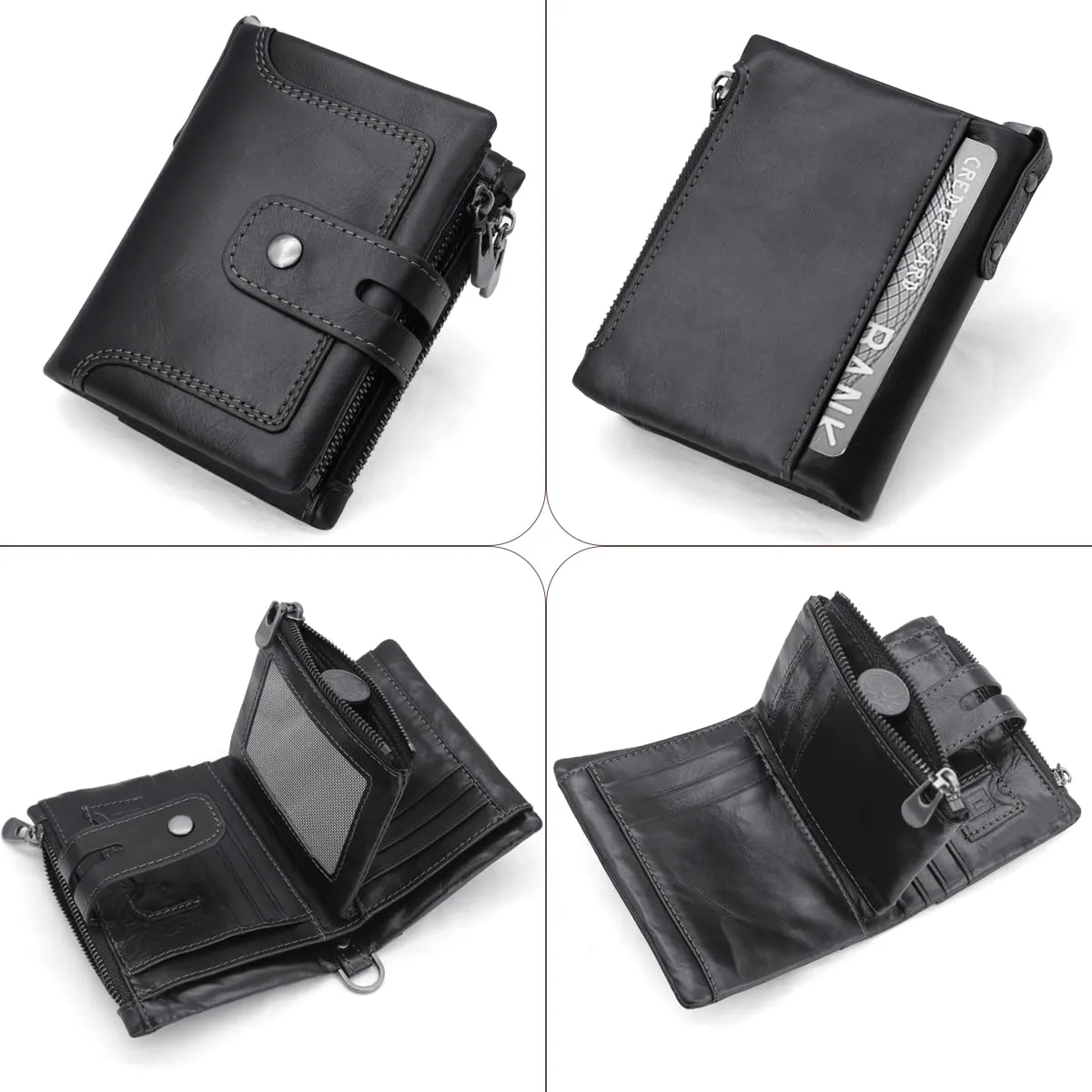 REETEE Portafoglio Uomo in Vera Pelle con Blocco RFID, 15 Porta Carte, Portamonete con Cerniera e Catena Removibile (A-nero) - immagine 2