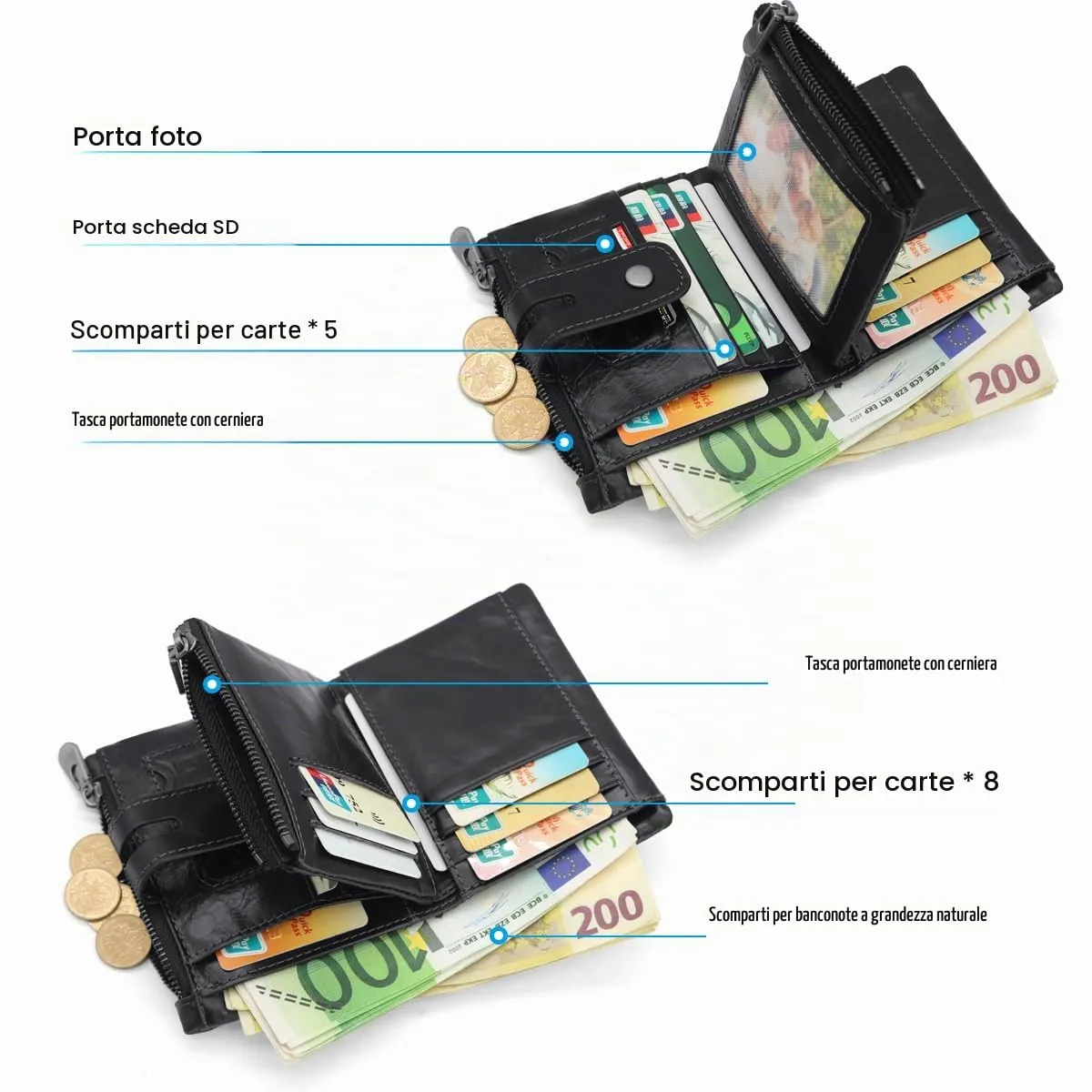 REETEE Portafoglio Uomo in Vera Pelle con Blocco RFID, 15 Porta Carte, Portamonete con Cerniera e Catena Removibile (A-nero) - immagine 3