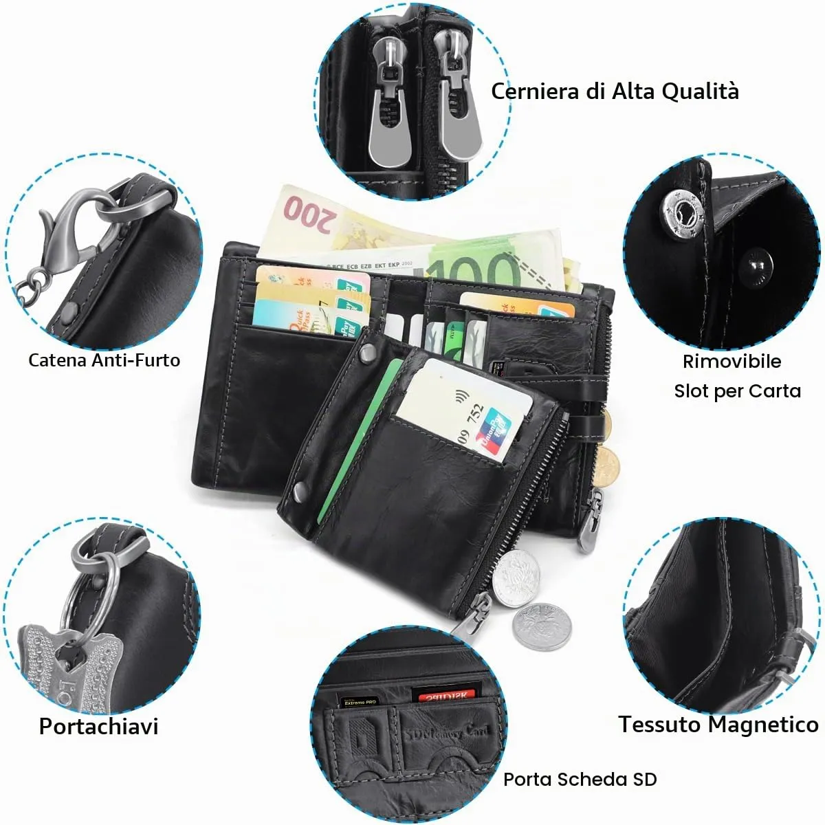 REETEE Portafoglio Uomo in Vera Pelle con Blocco RFID, 15 Porta Carte, Portamonete con Cerniera e Catena Removibile (A-nero) - immagine 4