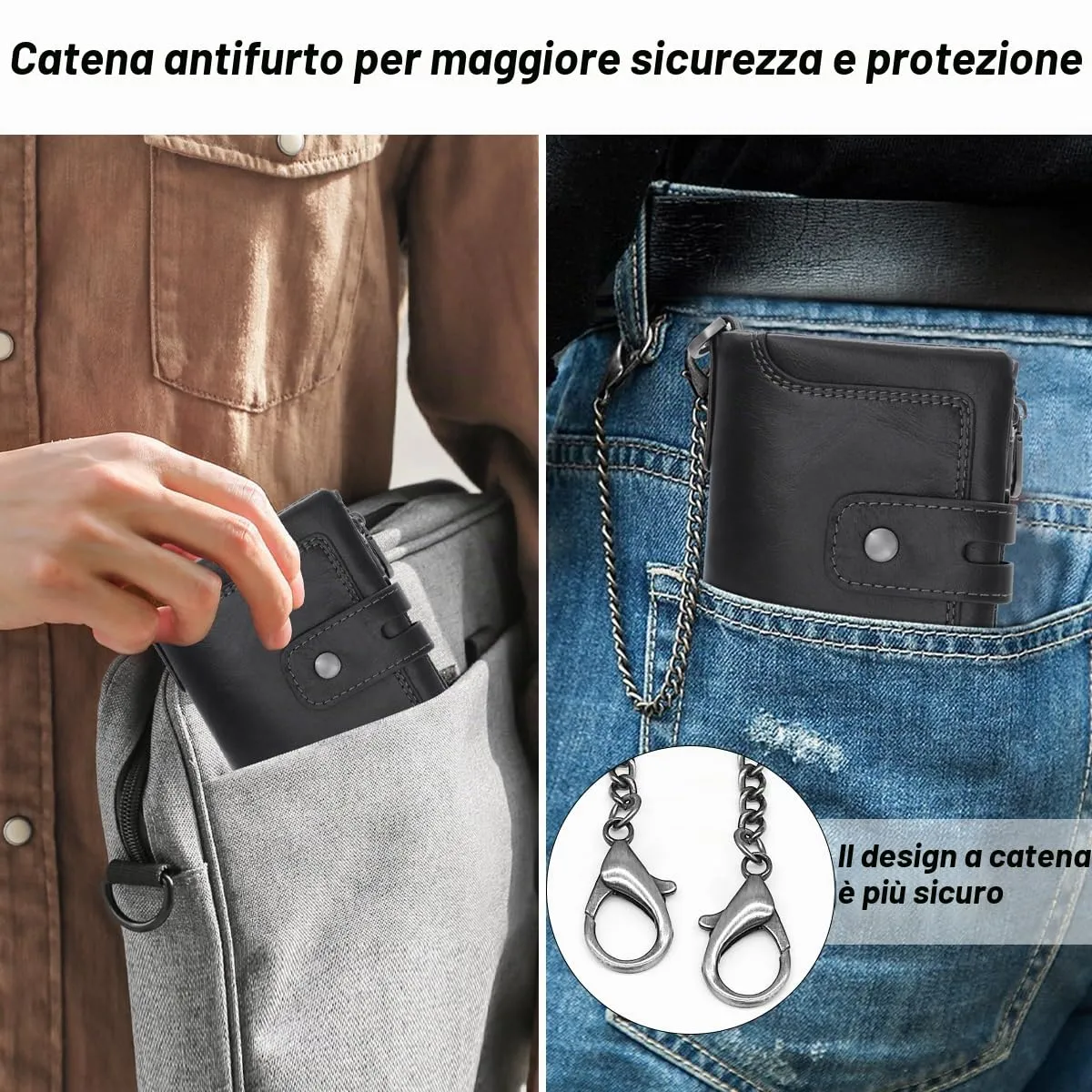 REETEE Portafoglio Uomo in Vera Pelle con Blocco RFID, 15 Porta Carte, Portamonete con Cerniera e Catena Removibile (A-nero) - immagine 6
