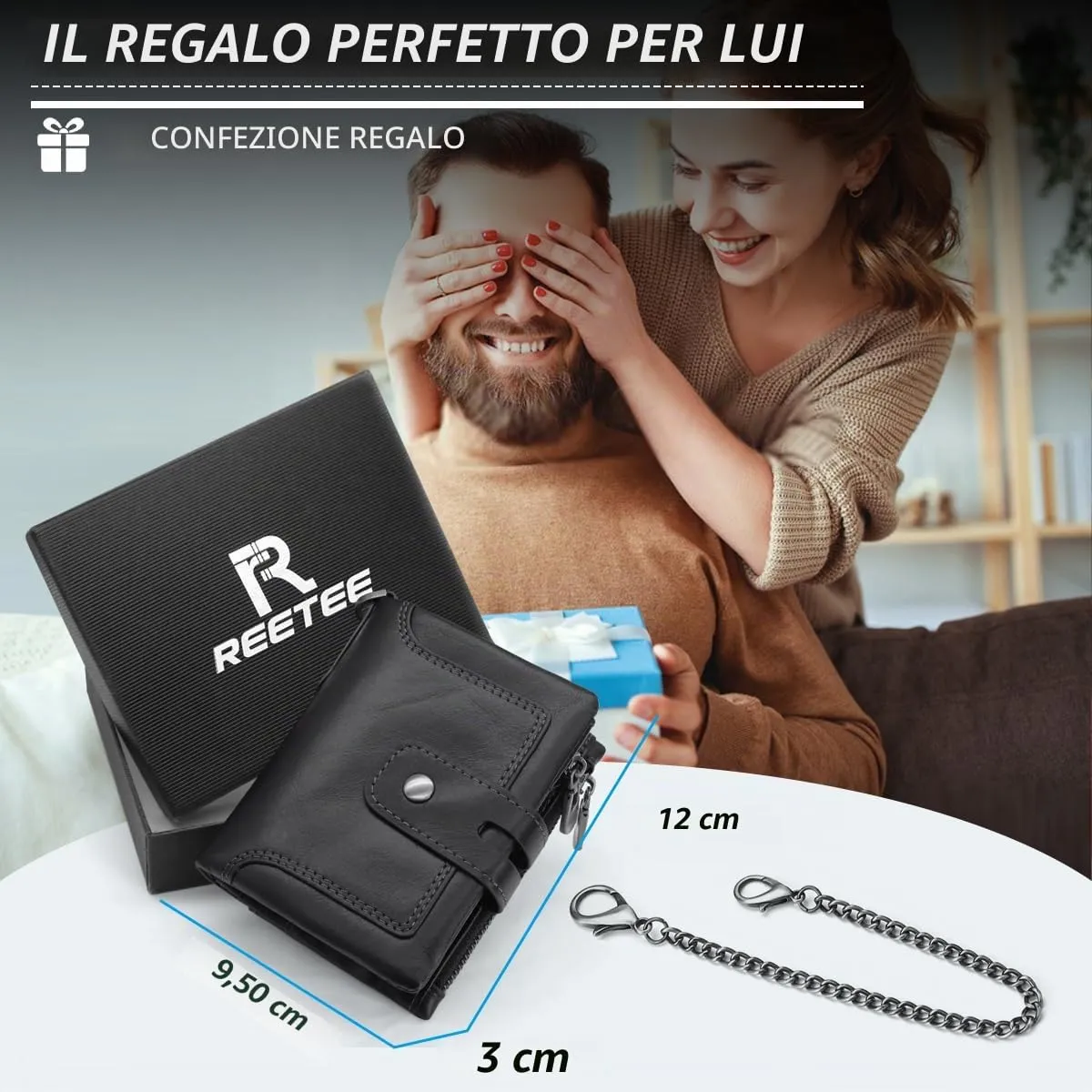 REETEE Portafoglio Uomo in Vera Pelle con Blocco RFID, 15 Porta Carte, Portamonete con Cerniera e Catena Removibile (A-nero) - immagine 7