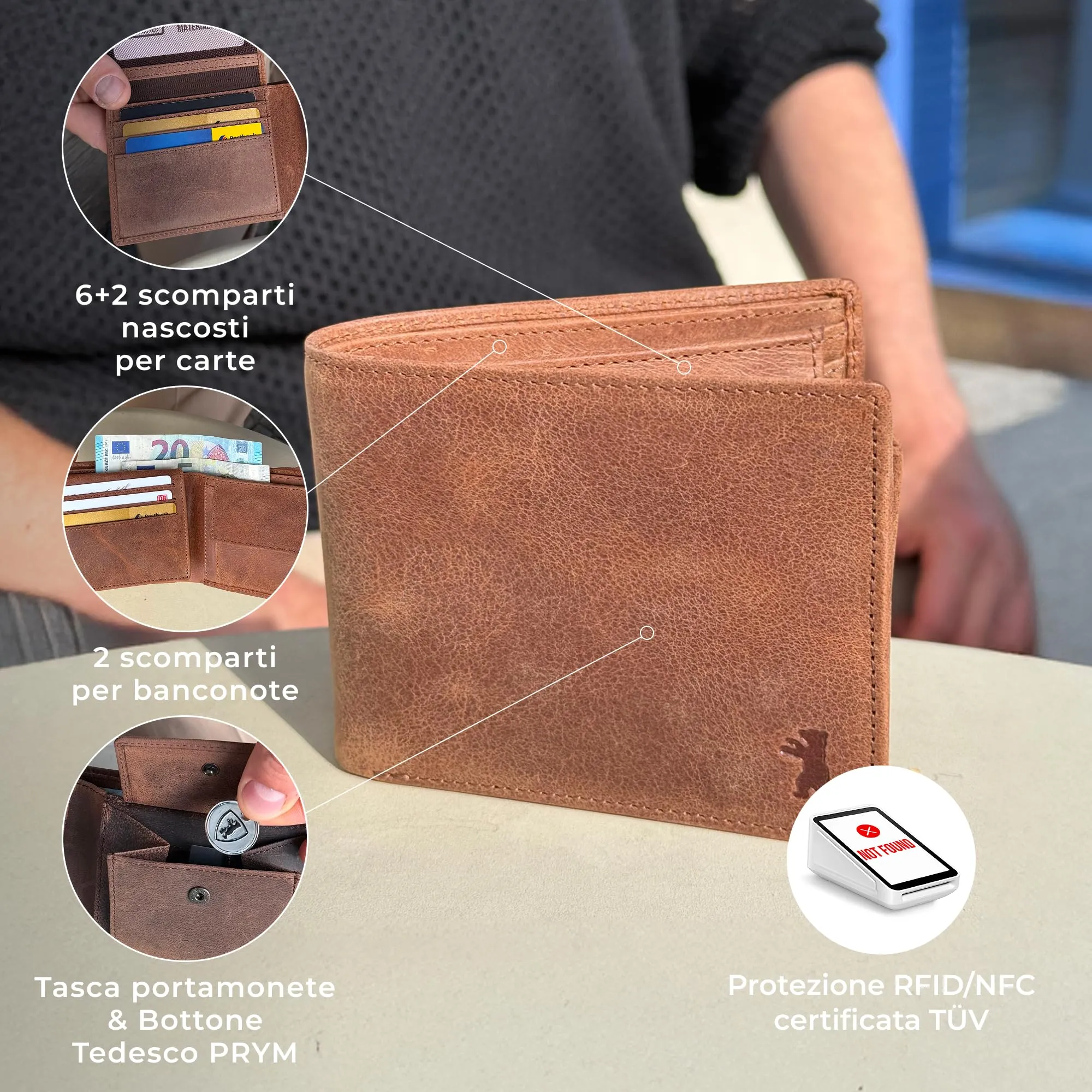 Berliner Bags Portafoglio Peter Uomo in Pelle di Bufalo con RFID Camel - immagine 4