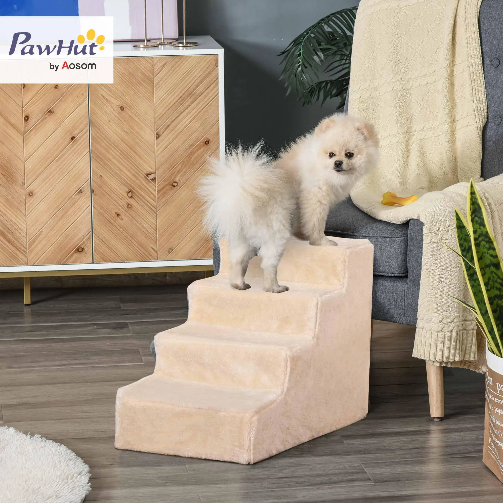 PawHut Scala per Cani e Gatti a 4 Gradini, 60x35x44 cm, Beige - immagine 2