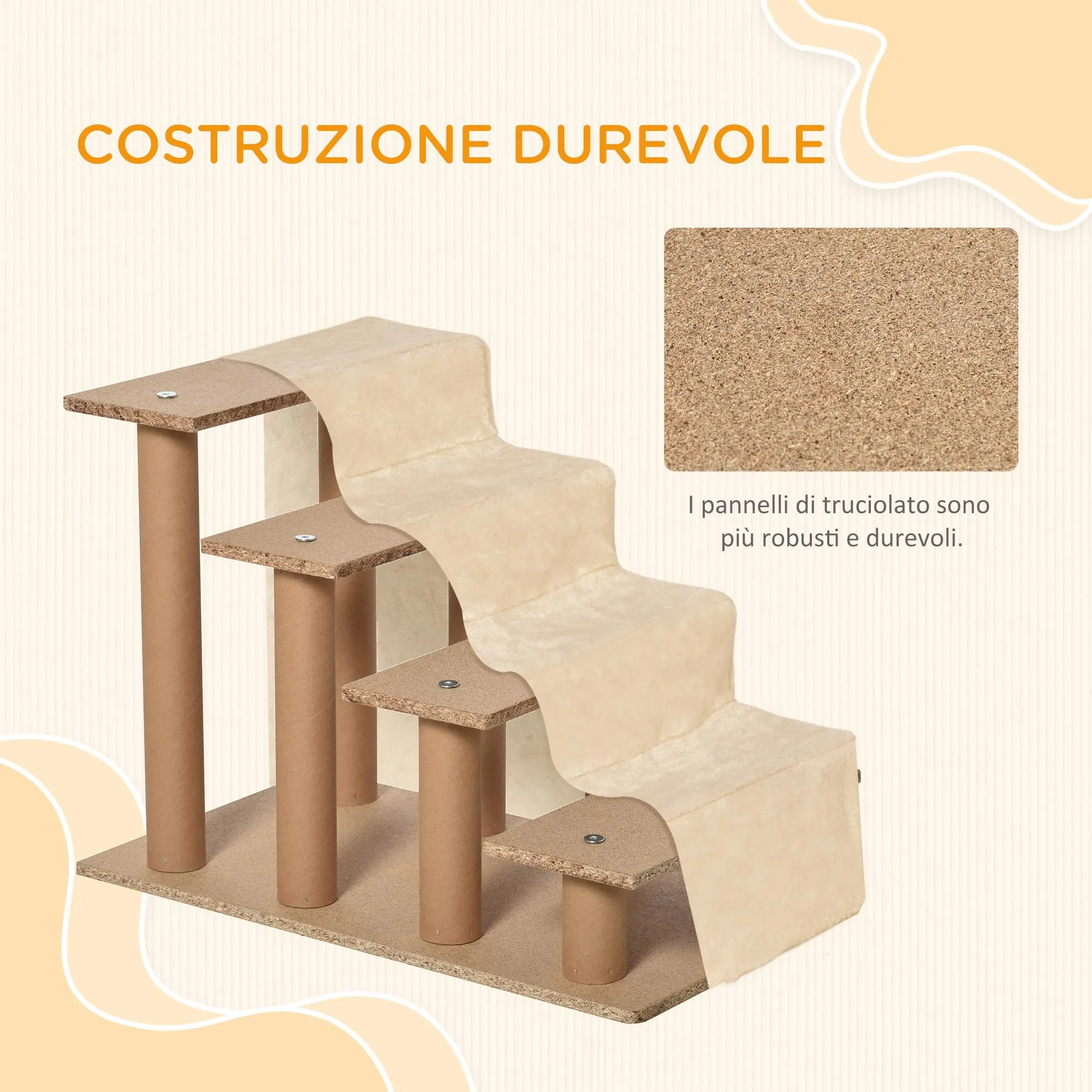 PawHut Scala per Cani e Gatti a 4 Gradini, 60x35x44 cm, Beige - immagine 6