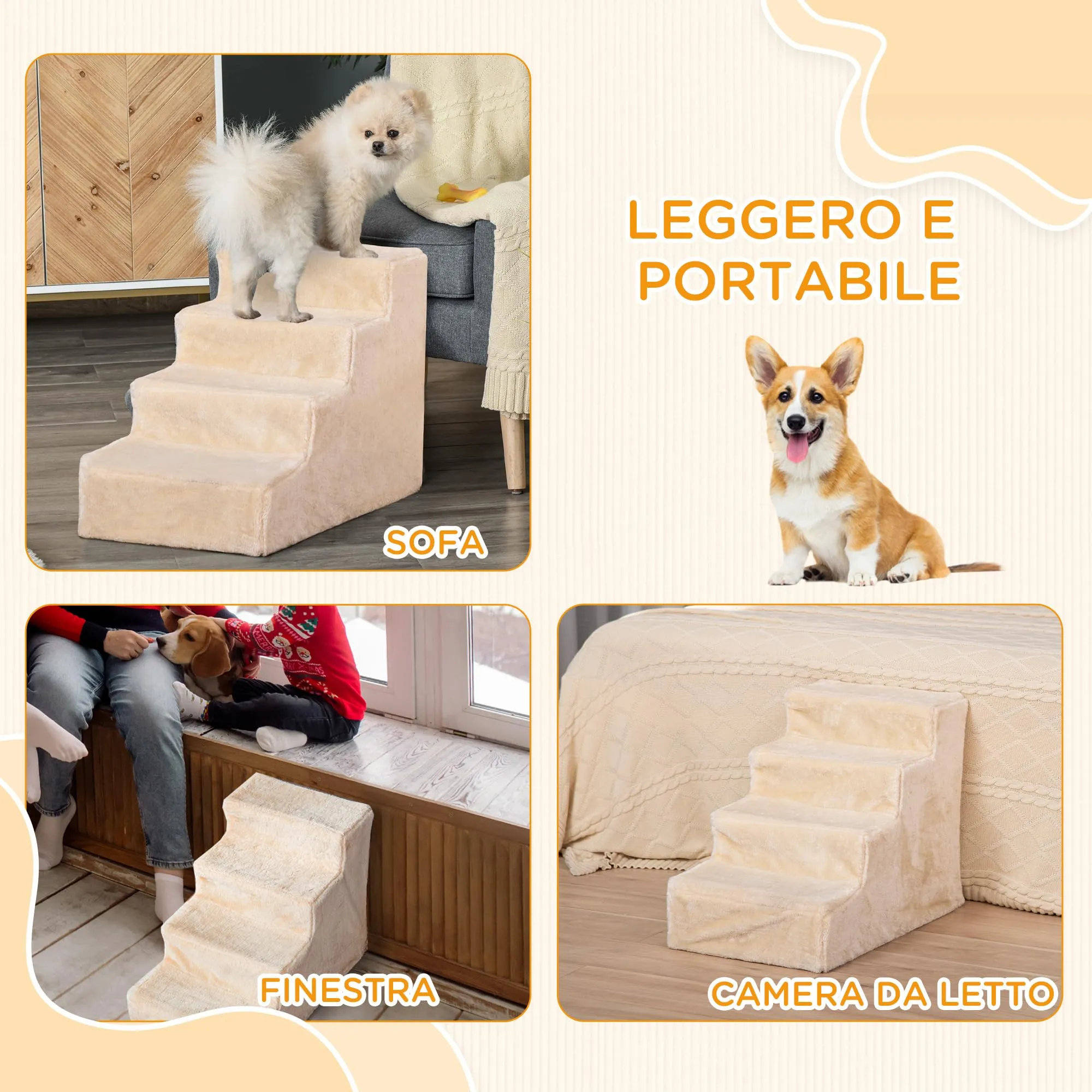 PawHut Scala per Cani e Gatti a 4 Gradini, 60x35x44 cm, Beige - immagine 7