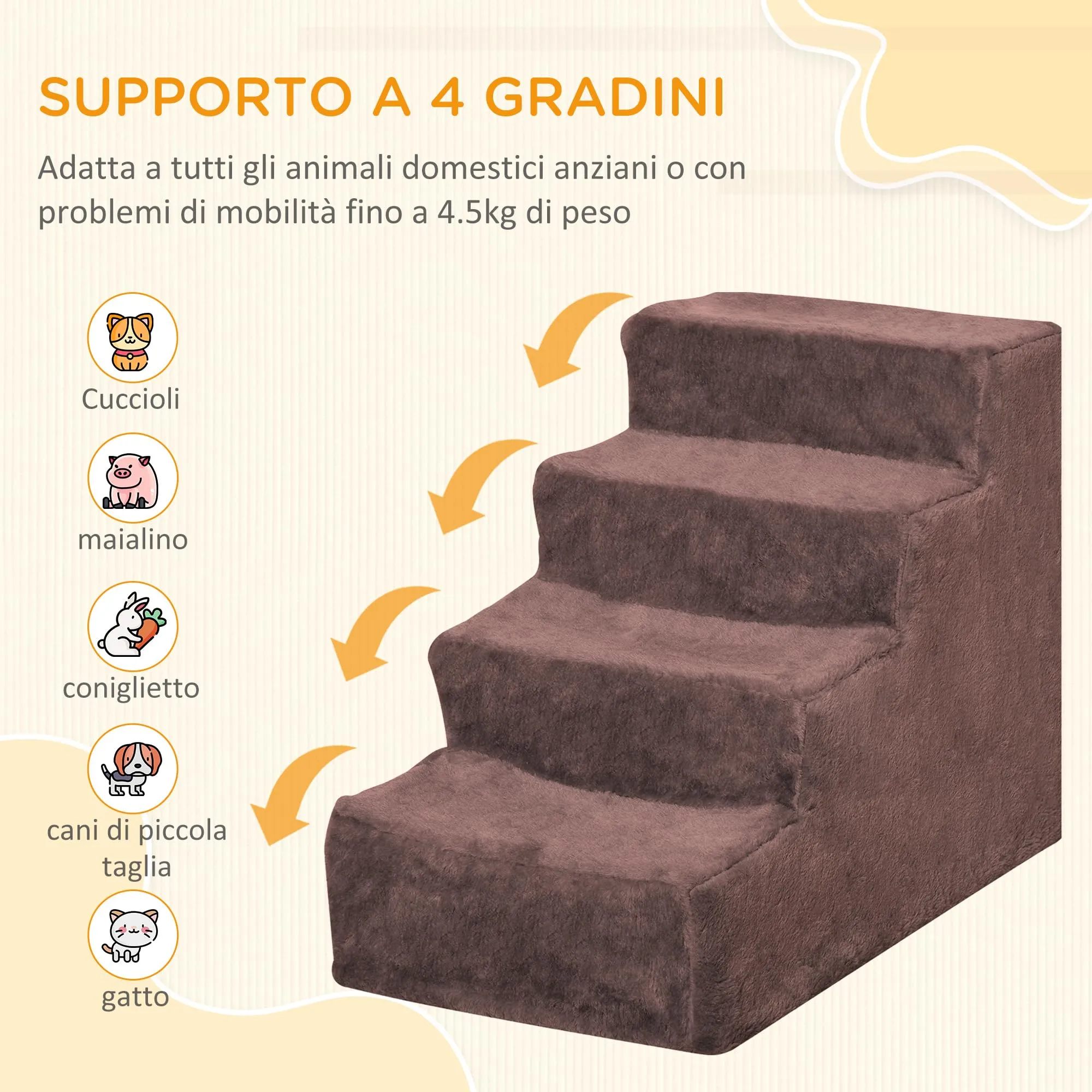 PawHut Scala per Cani e Gatti a 4 Gradini, 60x35x44 cm, Marrone - immagine 4