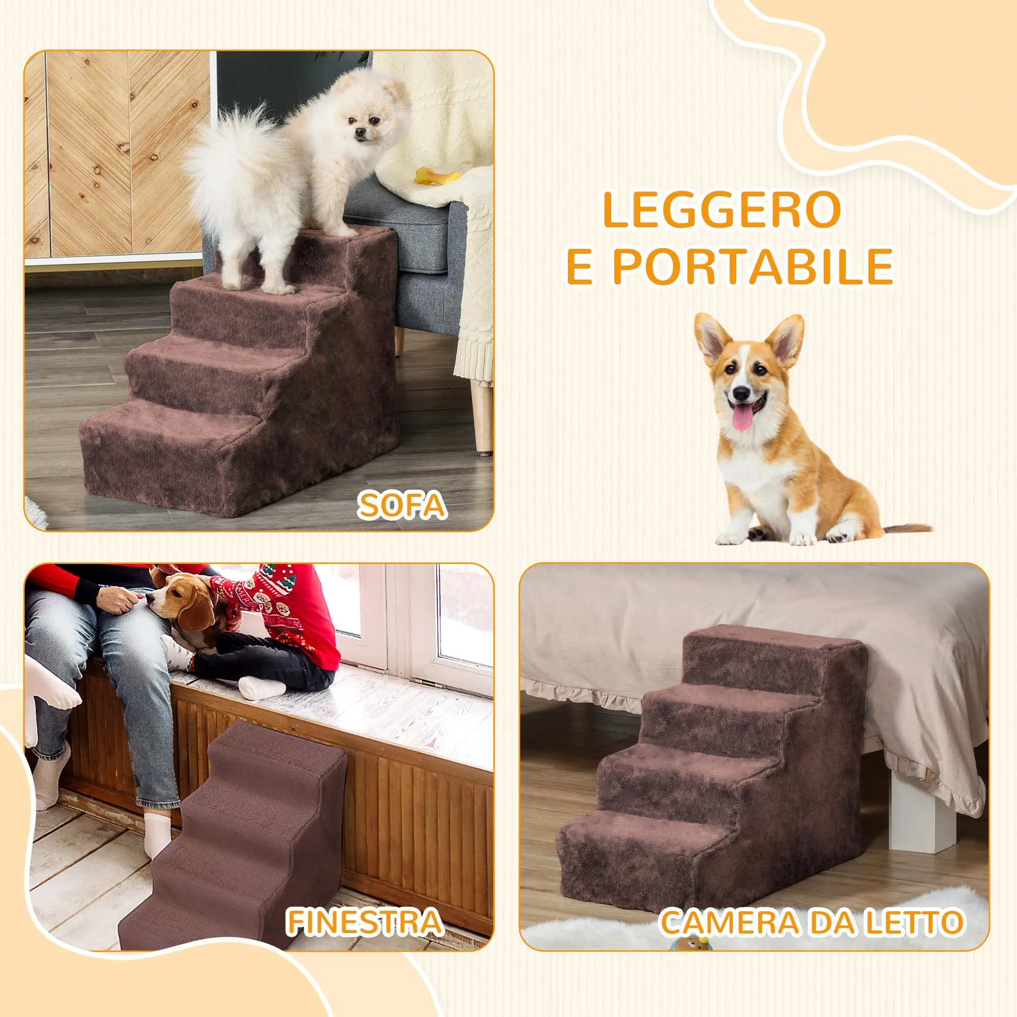 PawHut Scala per Cani e Gatti a 4 Gradini, 60x35x44 cm, Marrone - immagine 7