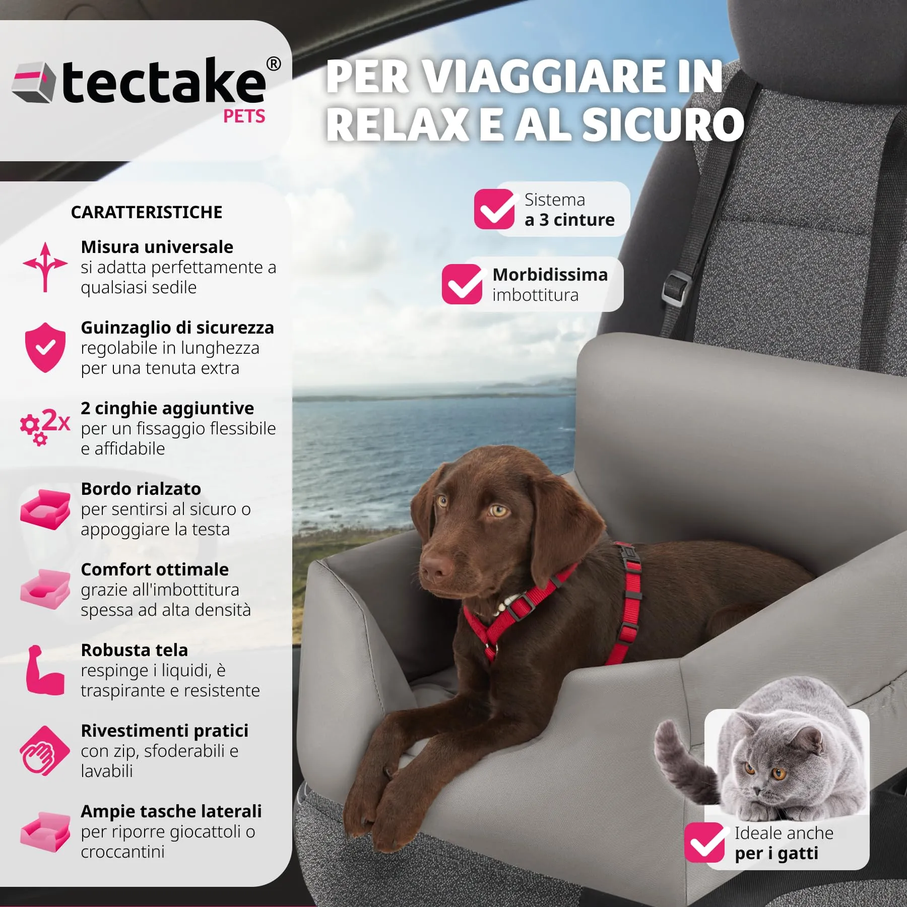 tectake Seggiolino Auto per Cani Imbottito con Guinzaglio di Sicurezza e Cinghie di Fissaggio Regolabili, Rivestimento Lavabile, Grigio - immagine 2