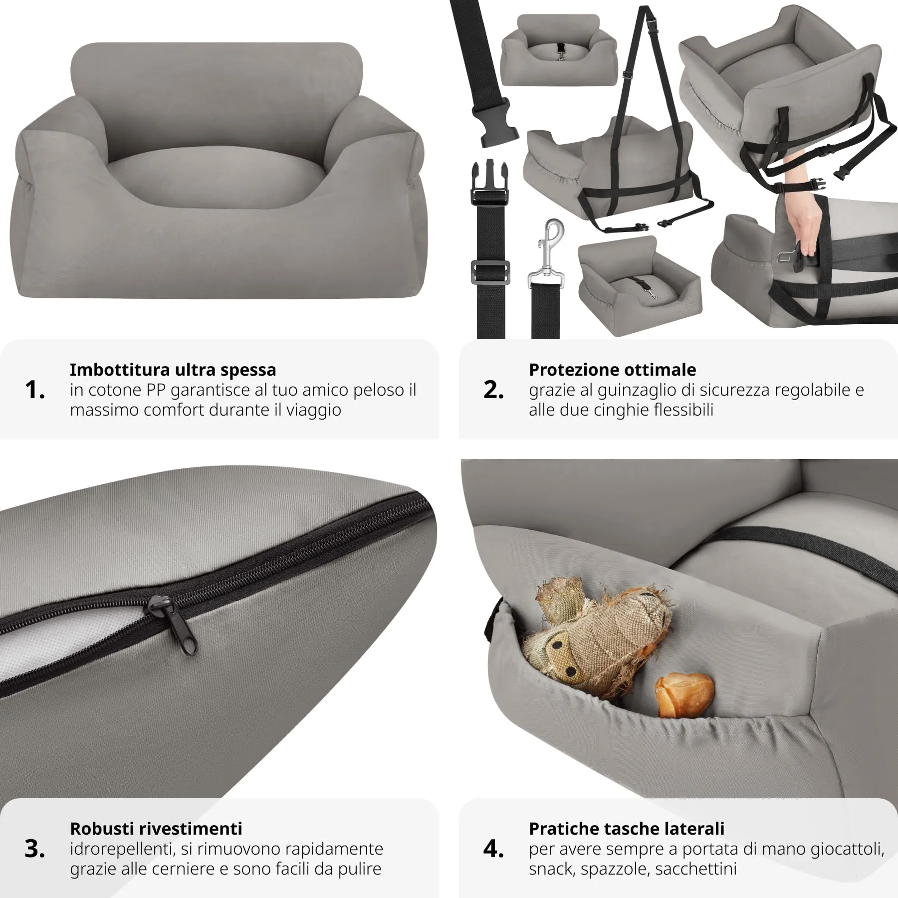 tectake Seggiolino Auto per Cani Imbottito con Guinzaglio di Sicurezza e Cinghie di Fissaggio Regolabili, Rivestimento Lavabile, Grigio - immagine 4