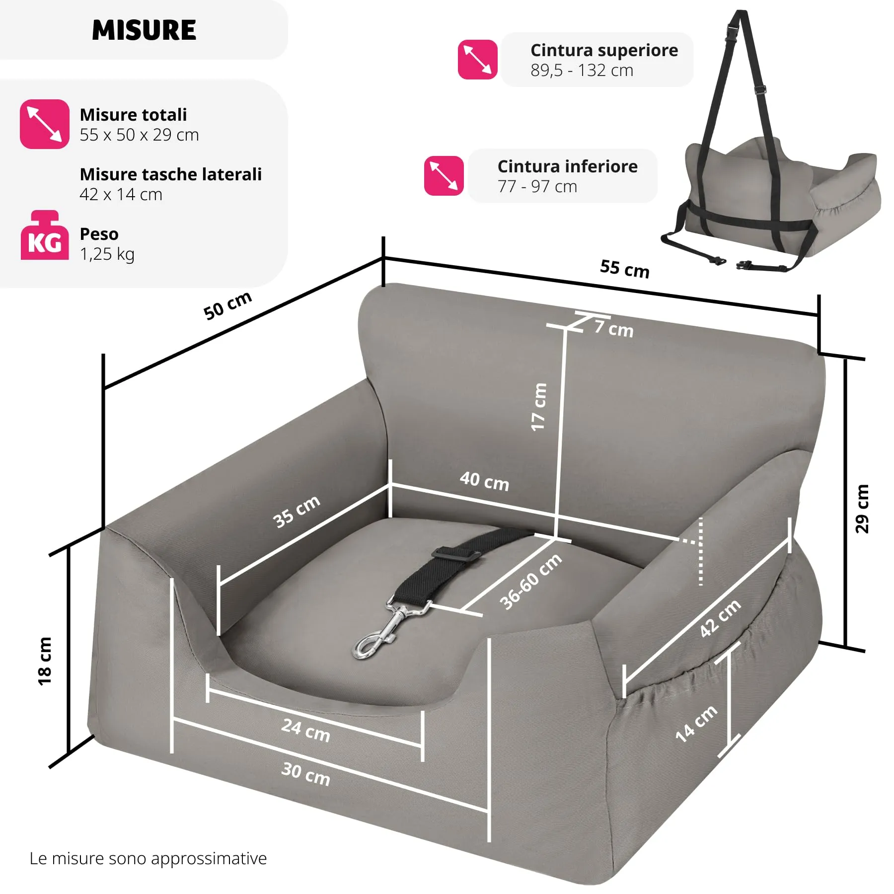 tectake Seggiolino Auto per Cani Imbottito con Guinzaglio di Sicurezza e Cinghie di Fissaggio Regolabili, Rivestimento Lavabile, Grigio - immagine 6