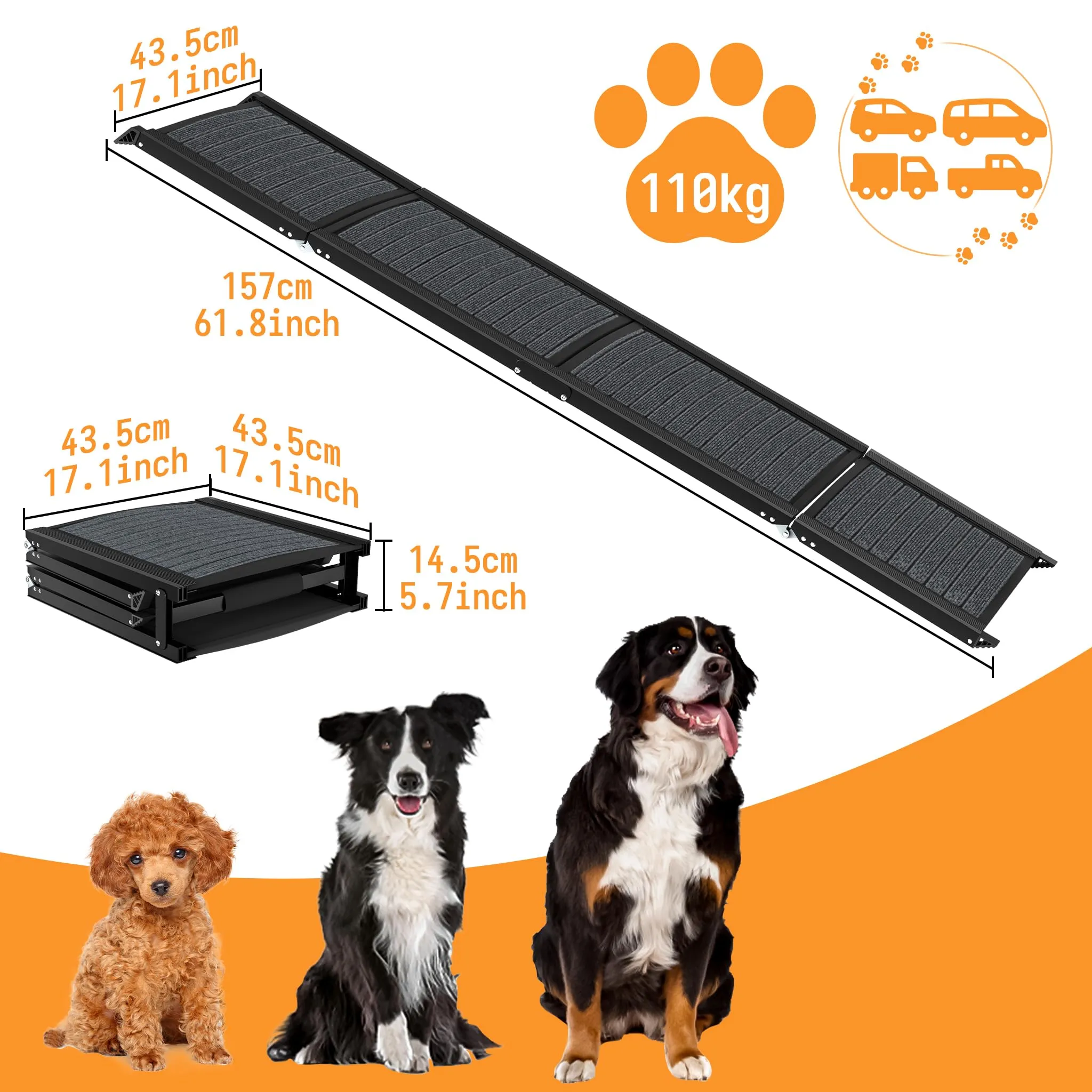 Froadp Rampa per cani pieghevole in alluminio, 157 x 43 cm, nera - immagine 7