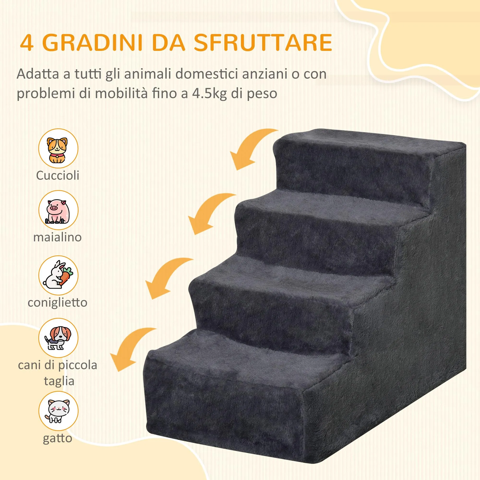 PawHut Scala per Cani e Gatti a 4 Gradini, 60x35x44 cm, Grigio Scuro - immagine 4
