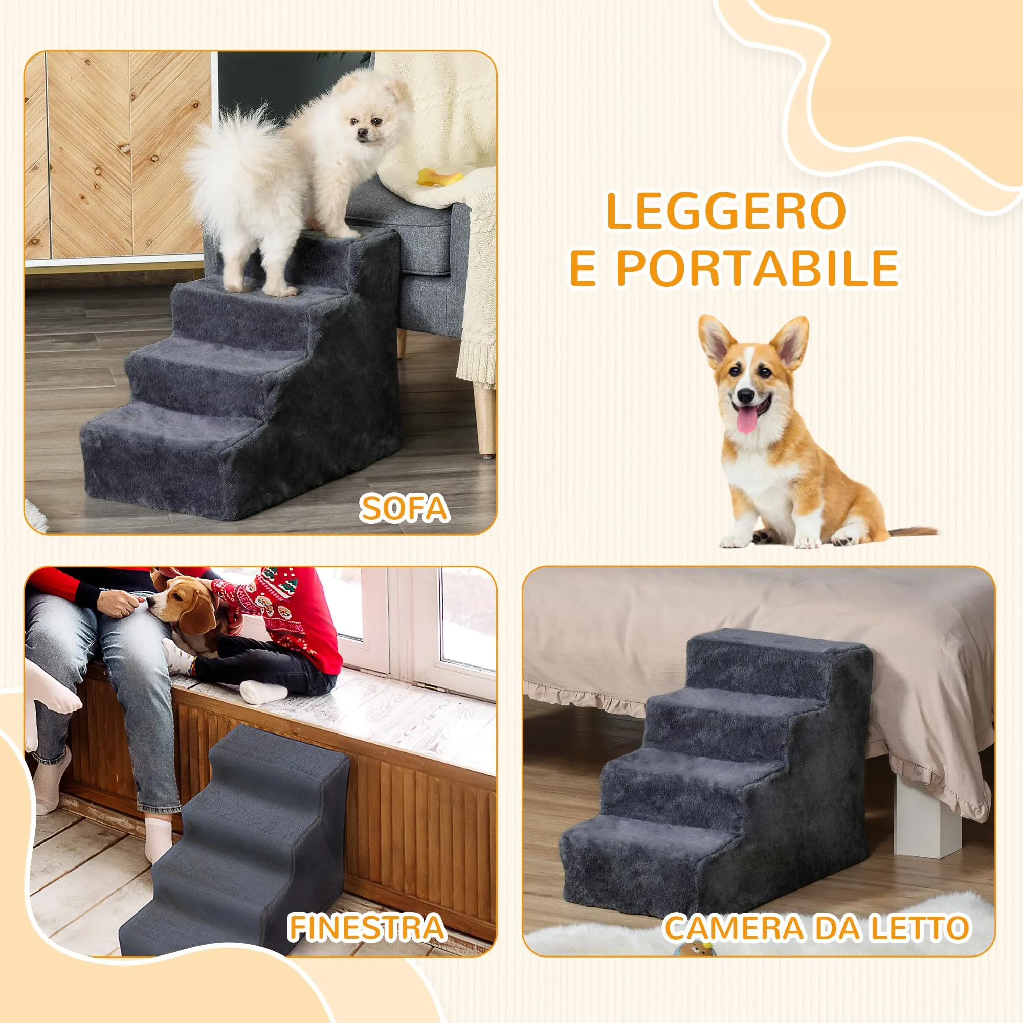 PawHut Scala per Cani e Gatti a 4 Gradini, 60x35x44 cm, Grigio Scuro - immagine 7