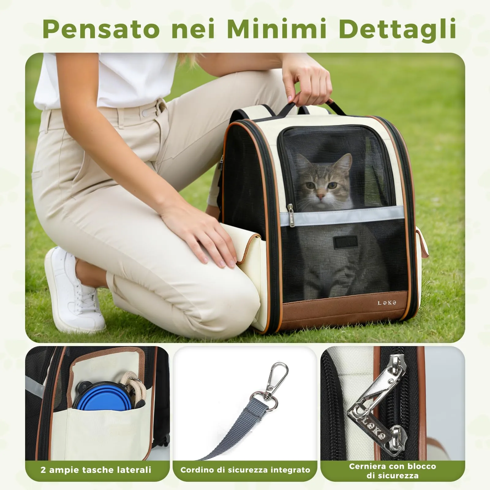 Lekesky Zaino Trasportino Pieghevole per Cani e Gatti fino a 5 kg, Traspirante con Finestra in Rete, Beige - immagine 6