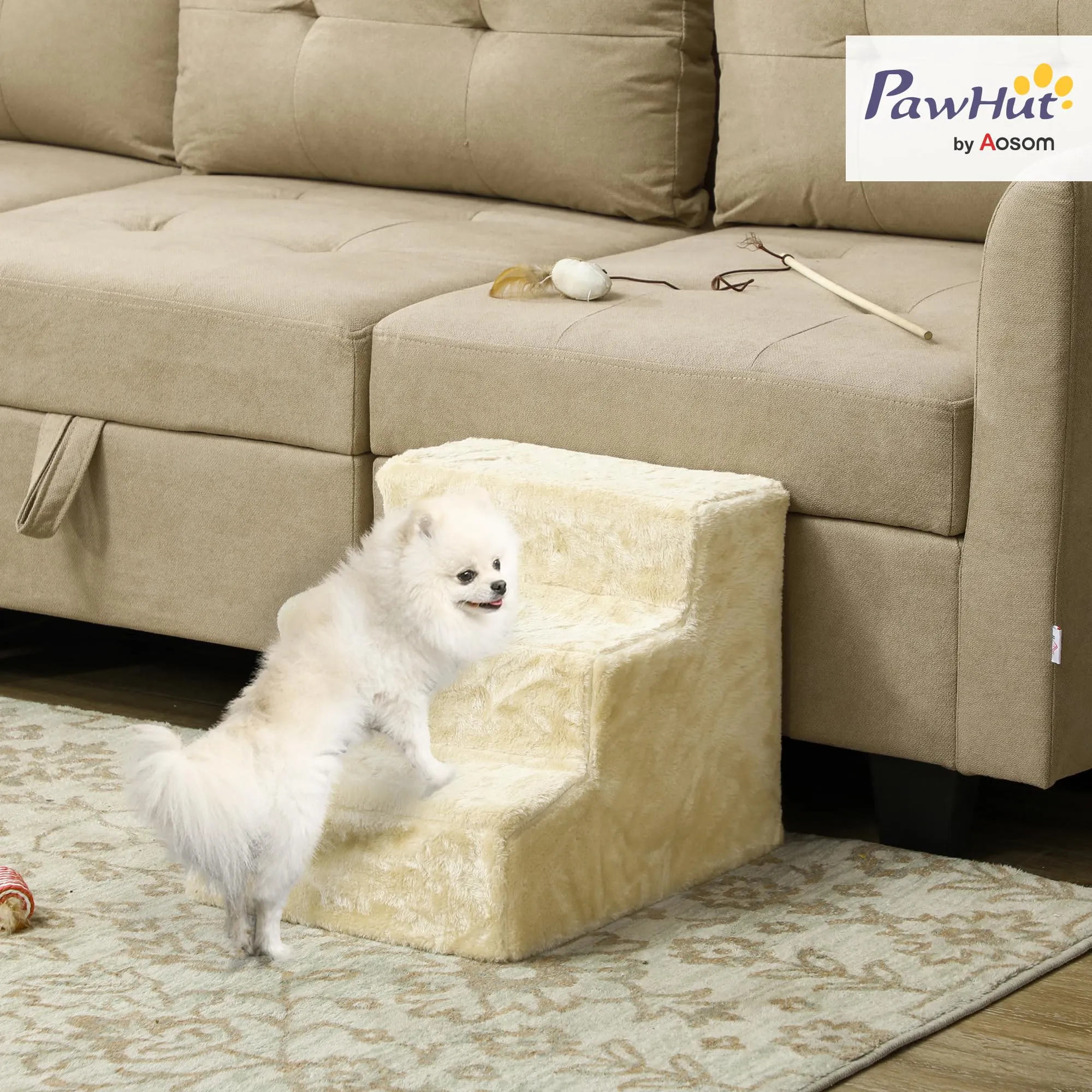 PawHut Scala per Cani e Gatti a 3 Gradini, 46x35x35 cm, Beige - immagine 2