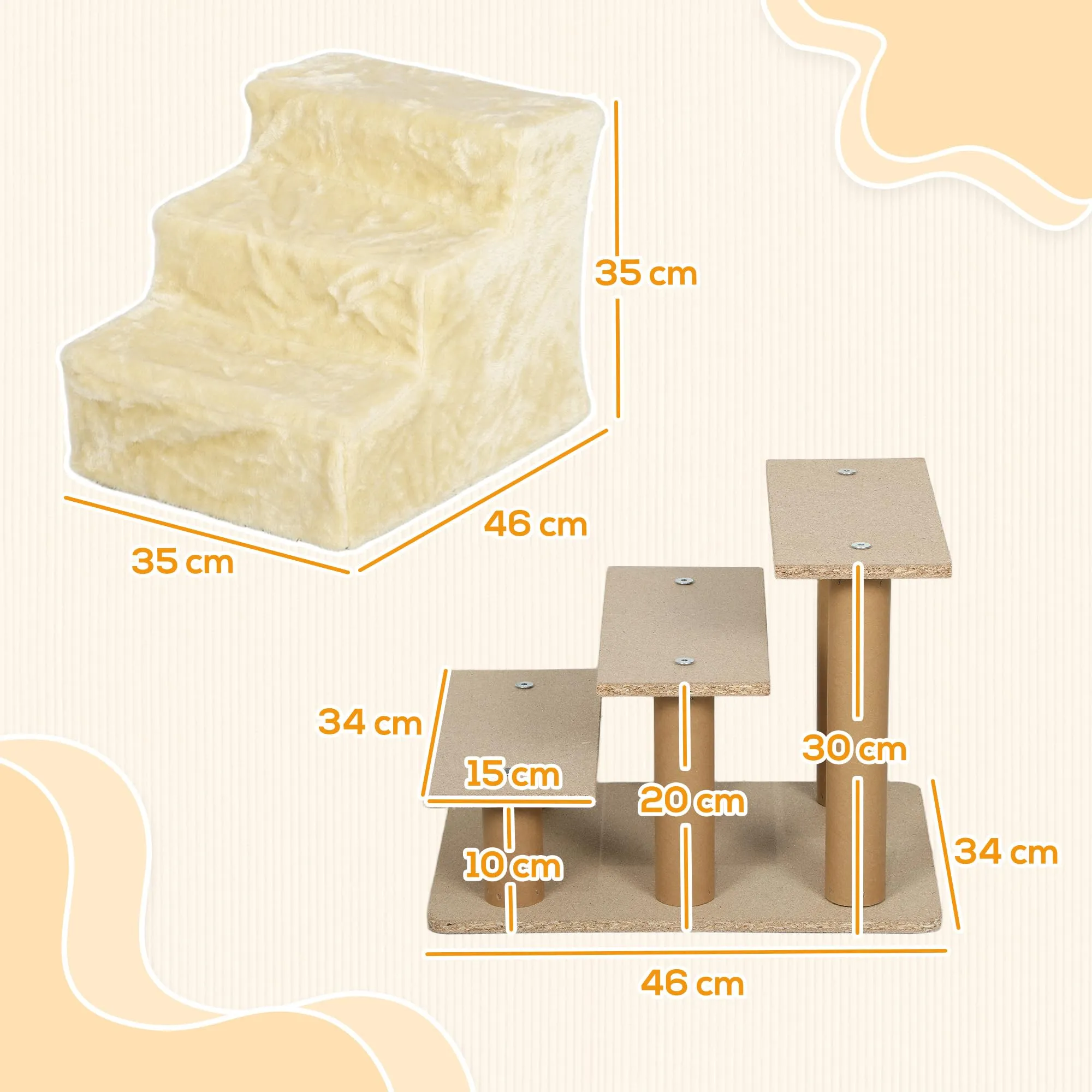 PawHut Scala per Cani e Gatti a 3 Gradini, 46x35x35 cm, Beige - immagine 3