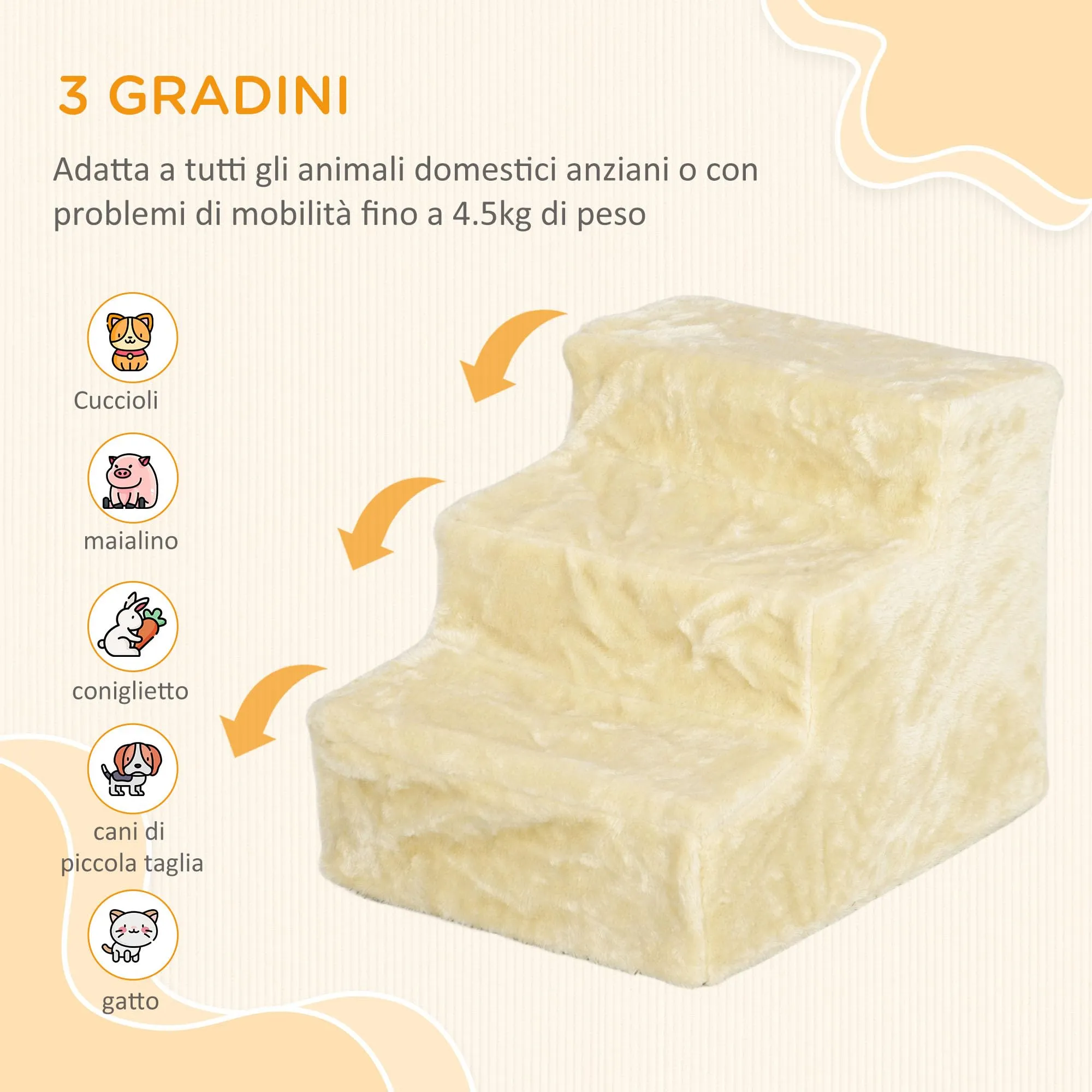 PawHut Scala per Cani e Gatti a 3 Gradini, 46x35x35 cm, Beige - immagine 4
