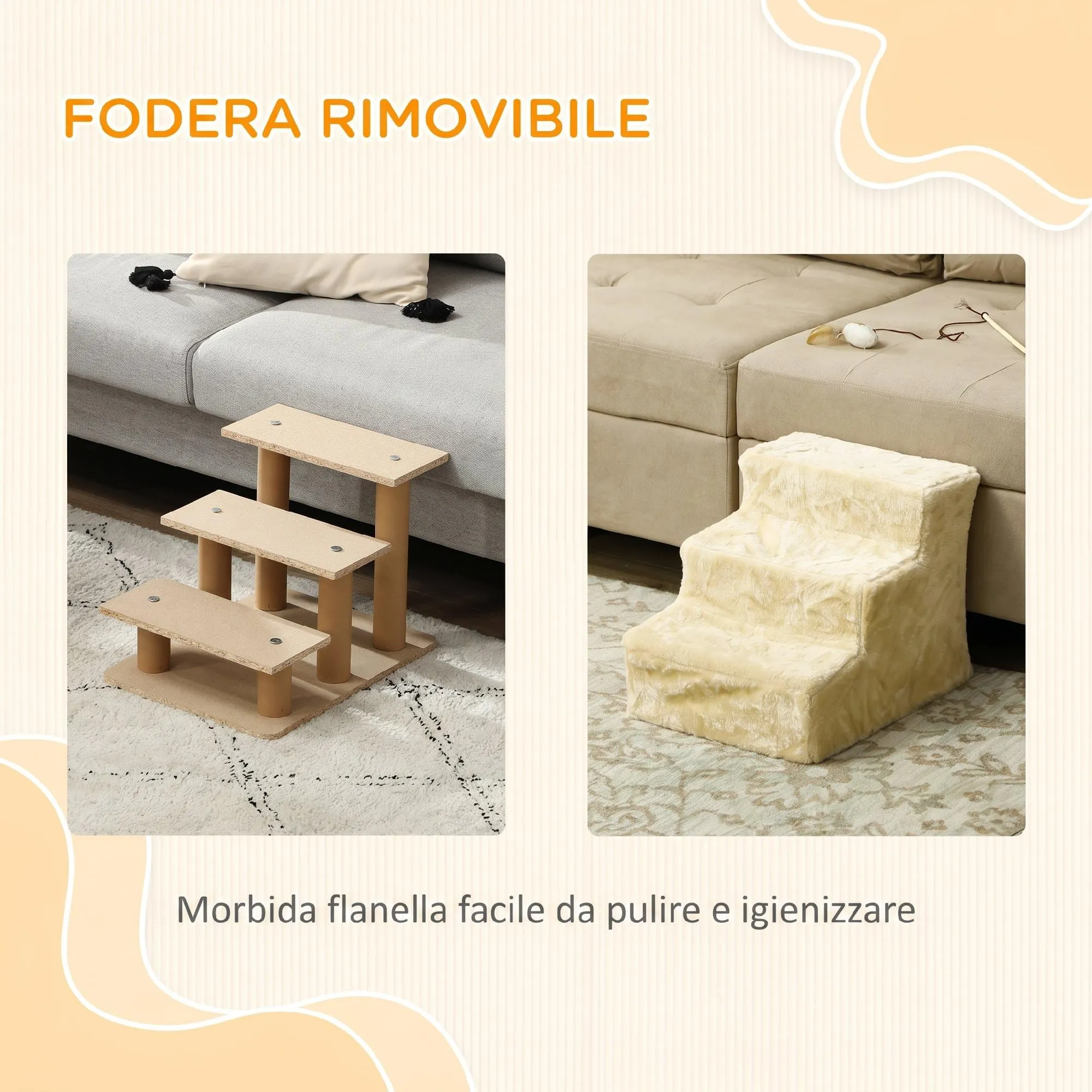 PawHut Scala per Cani e Gatti a 3 Gradini, 46x35x35 cm, Beige - immagine 5